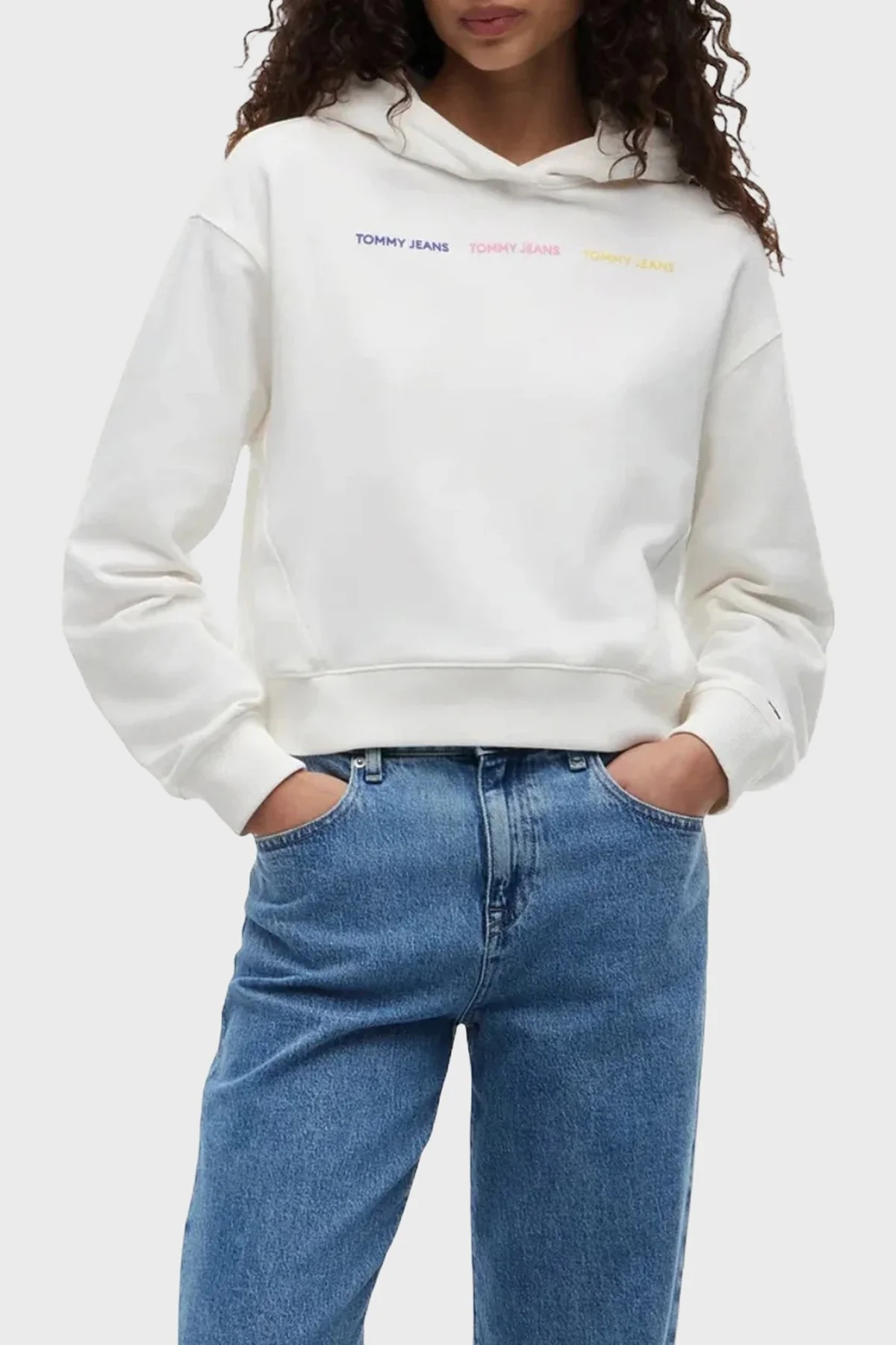 Tommy Jeans Logolu Regular Fit Kapüşonlu Kadın Sweat DW0DW22906 YBL Beyaz - 2