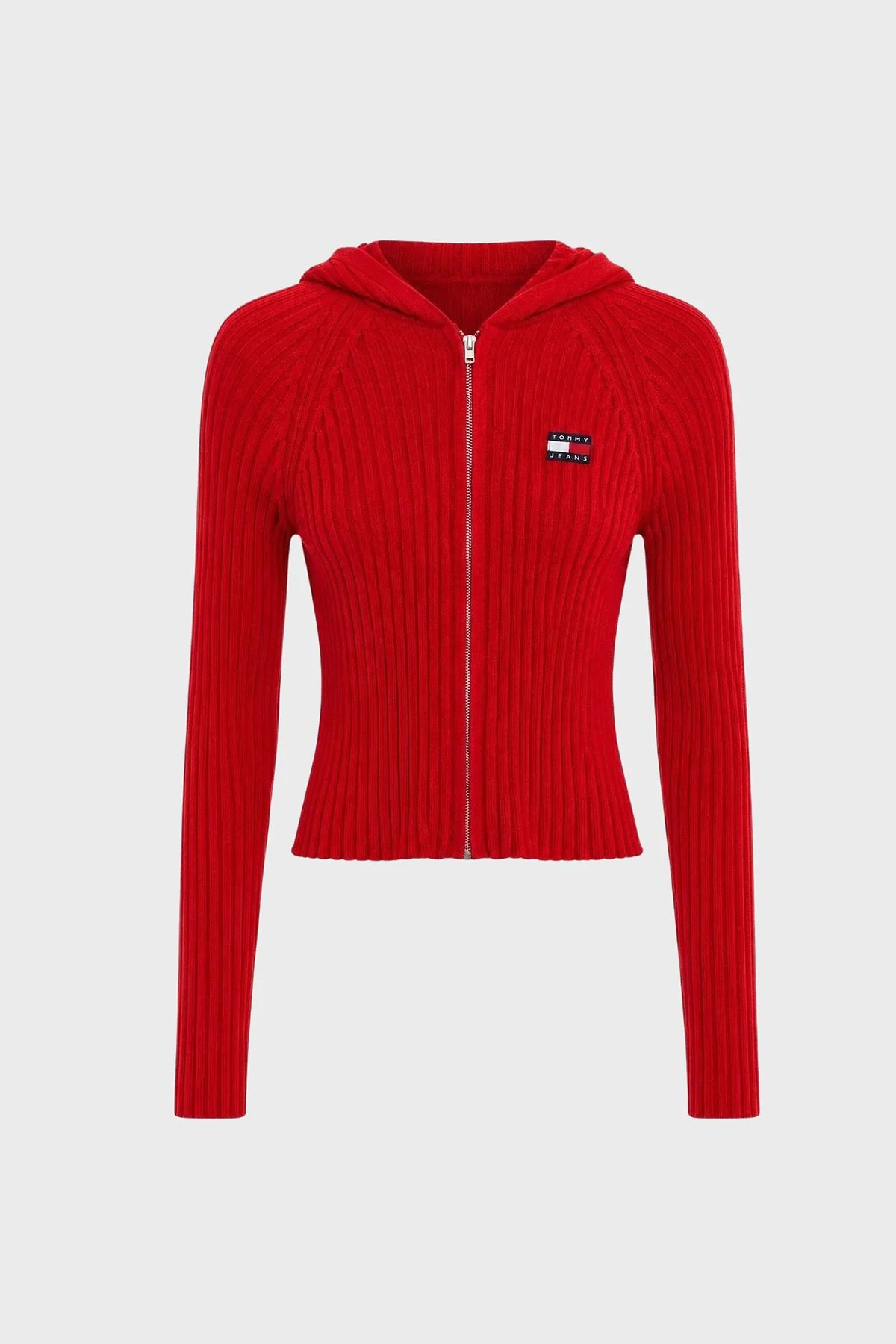 Tommy Jeans Logolu Slim Fit Kapüşonlu Ribana Örgülü Crop Sweat Kadın Kazak DW0DW20974 XK9 Kırmızı - 1
