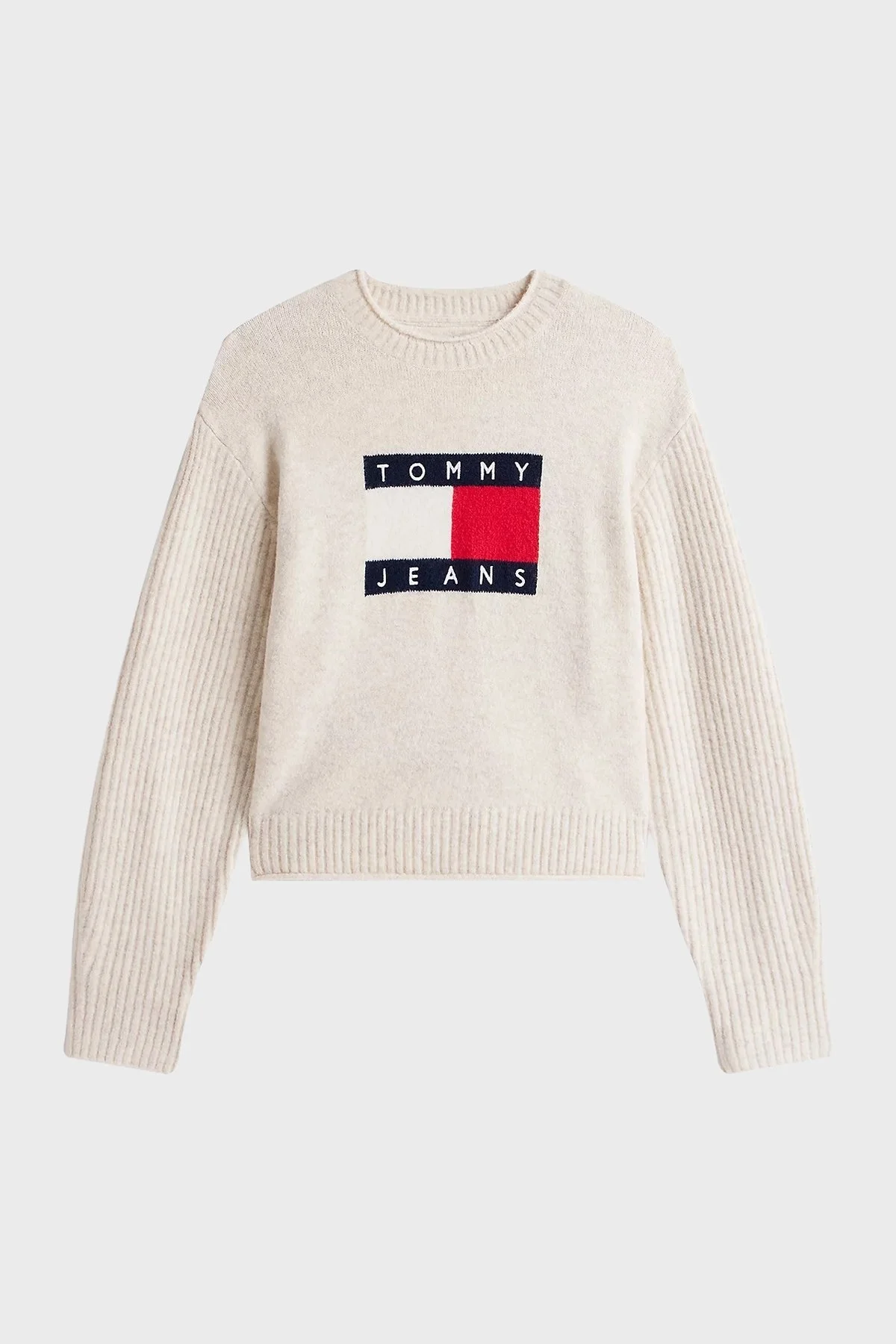 Tommy Jeans Logolu Yün Karışımlı Relaxed Fit Bisiklet Yaka Bayan Kazak DW0DW21782 AFN BEJ - 5