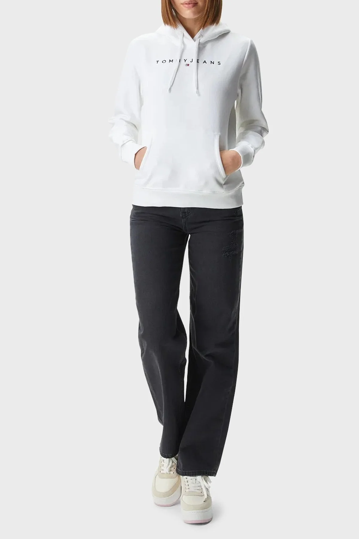 Tommy Jeans Pamuk Karışımlı Regular Fit Kapüşonlu Kanguru Cepli Logolu Bayan Sweat DW0DW17324 YBR BEYAZ - 6