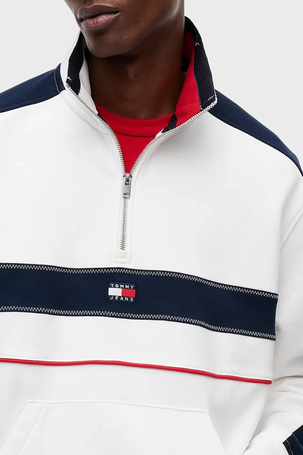 Tommy Jeans Pamuk Regular Fit Yarım Fermuarlı Dik Yaka Erkek Sweat DM0DM23244 YBL Beyaz - 3