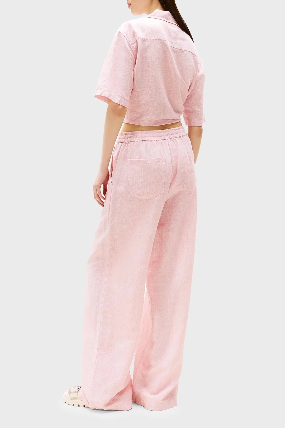 Tommy Jeans Pamuk ve Keten Karışımlı Çizgili Wide Leg Bayan Pantolon DW0DW20352 TH3 AÇIK PEMBE - 2