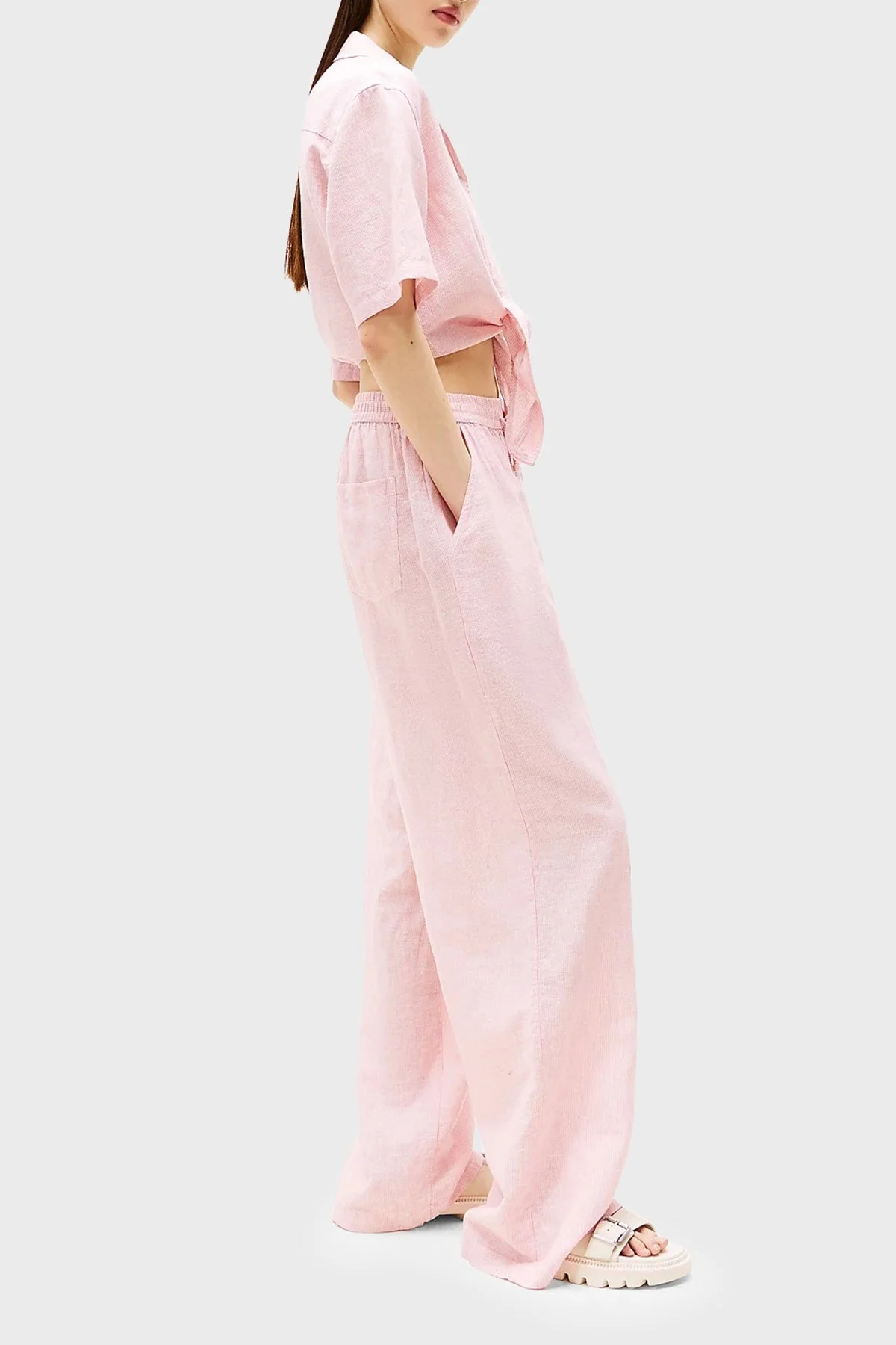 Tommy Jeans Pamuk ve Keten Karışımlı Çizgili Wide Leg Bayan Pantolon DW0DW20352 TH3 AÇIK PEMBE - 4