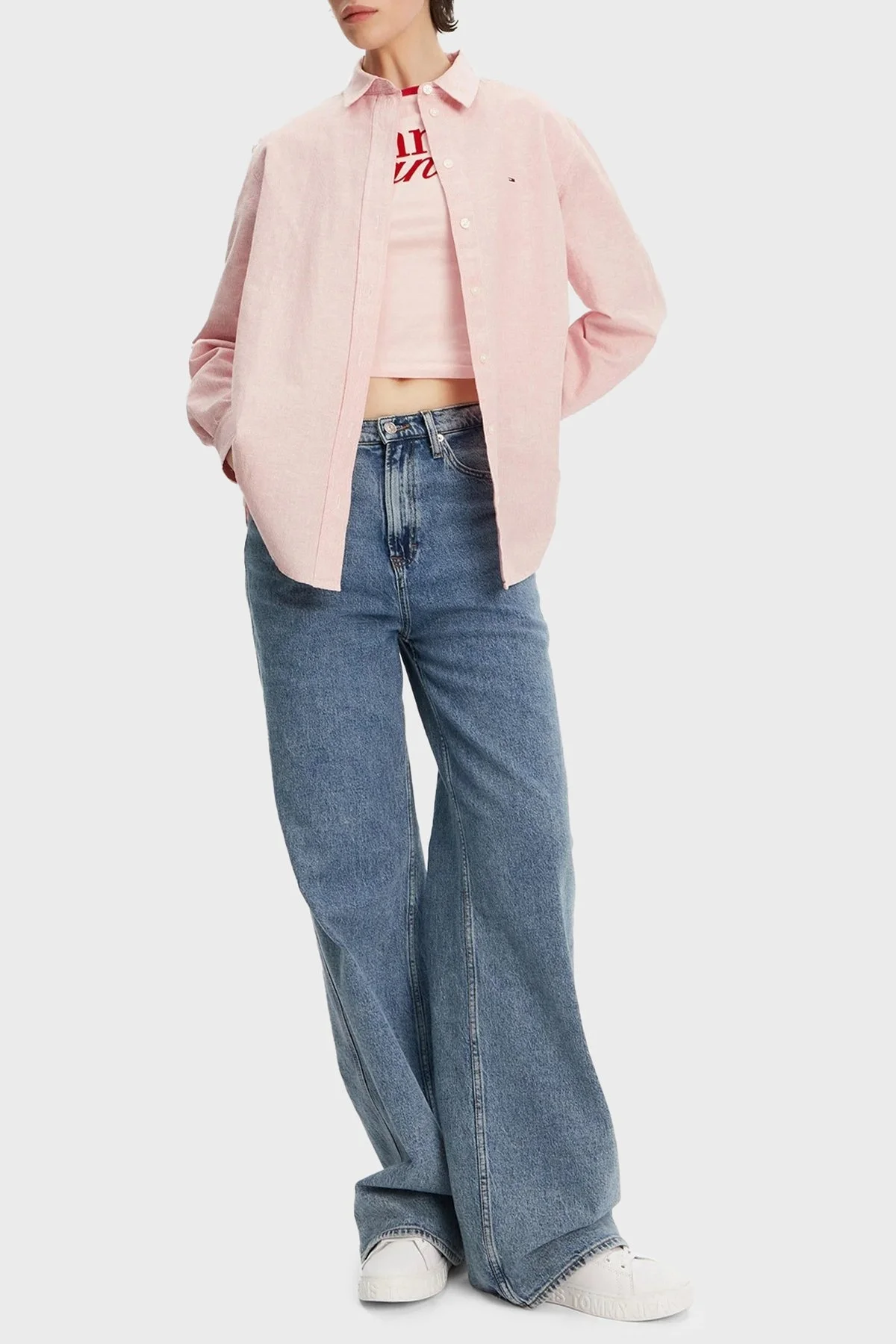 Tommy Jeans Pamuk ve Keten Karışımlı Relaxed Fit Düz Yaka Bayan Gömlek DW0DW20292 TH3 AÇIK PEMBE - 7