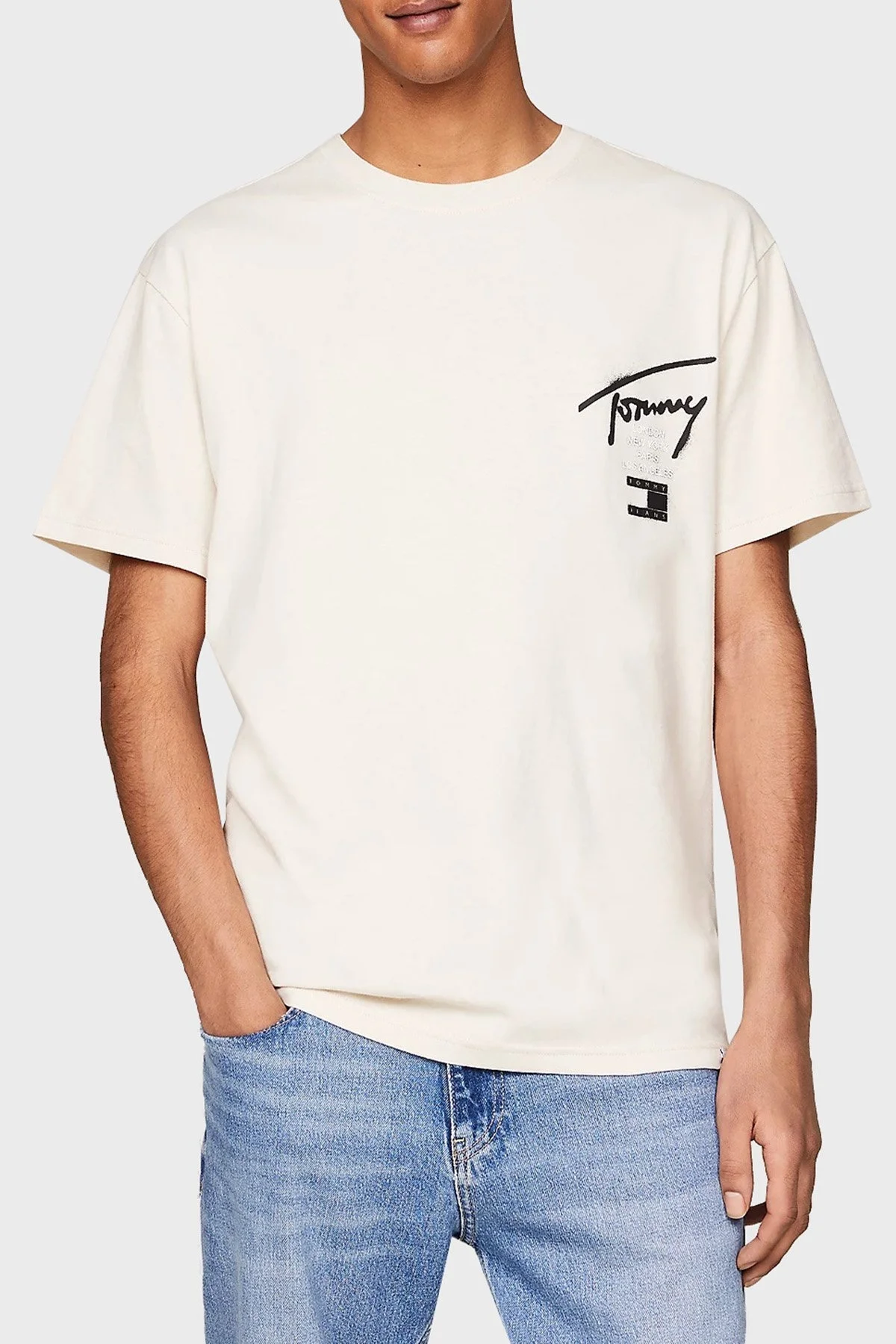 Tommy Jeans Pamuklu Bisiklet Yaka Erkek T Shirt DM0DM18529 ACG BEJ - 1
