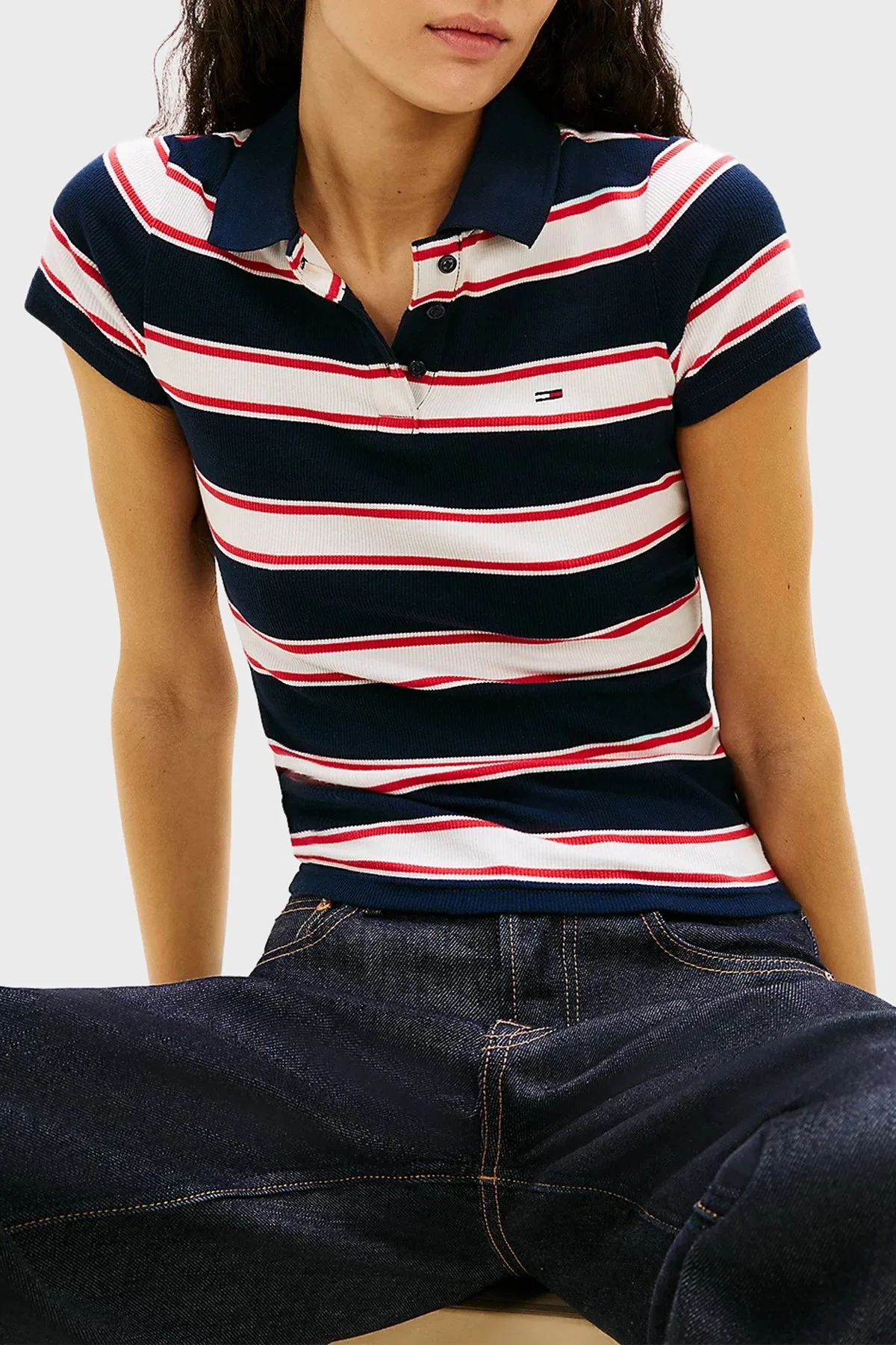 Tommy Jeans Pamuklu Çizgili Slim Fit Düğmeli Kadın Polo Yaka T Shirt DW0DW22327 0A7 LACİVERT-BEYAZ - 4