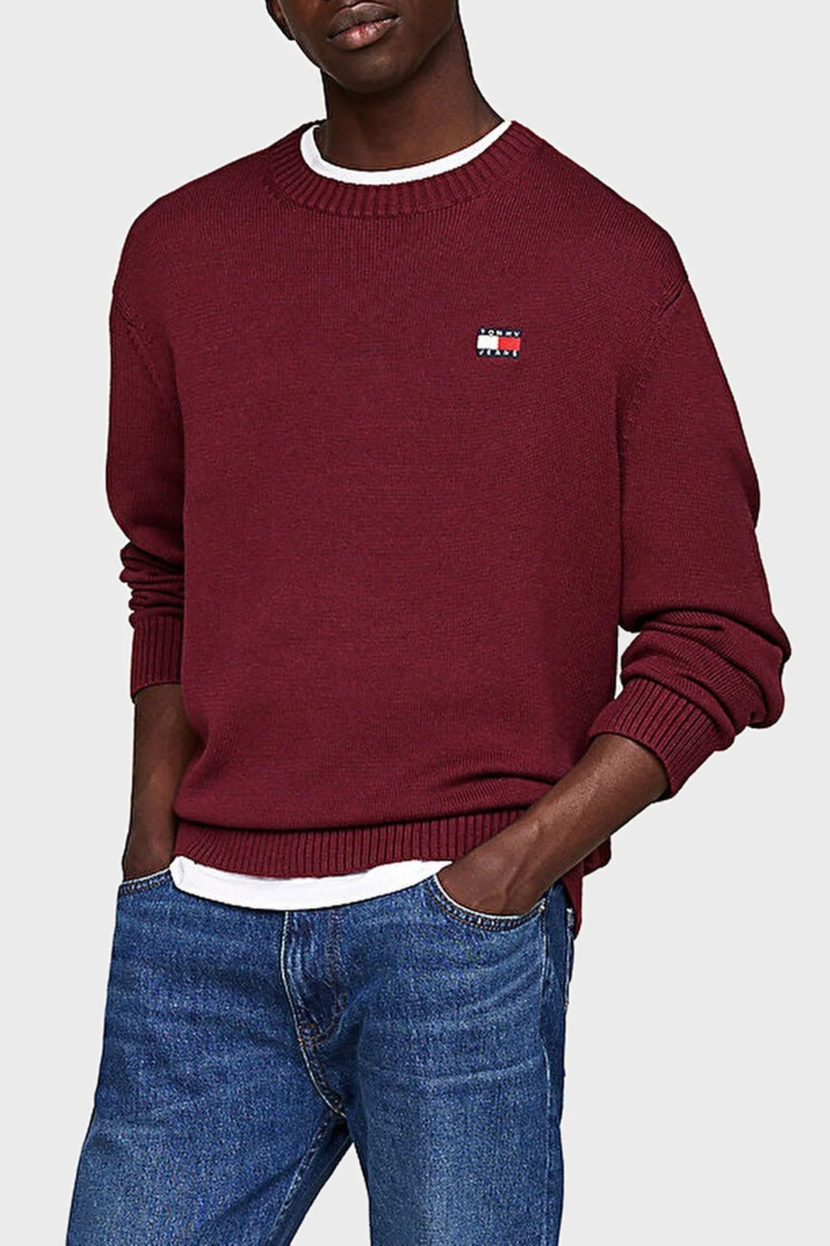 Tommy Jeans Pamuklu Regular Fit Bisiklet Yaka Erkek Kazak DM0DM18370 VLP BORDO - 1