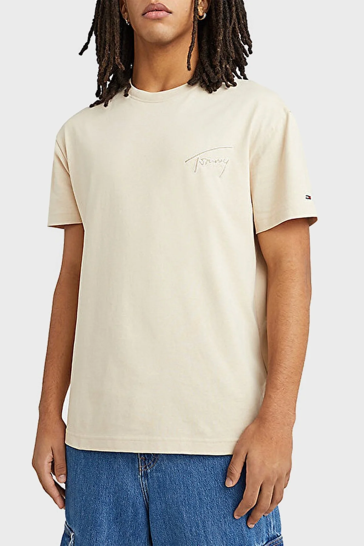 Tommy Jeans Pamuklu Regular Fit Bisiklet Yaka Erkek T Shirt DM0DM16240 ACI BEJ - 1
