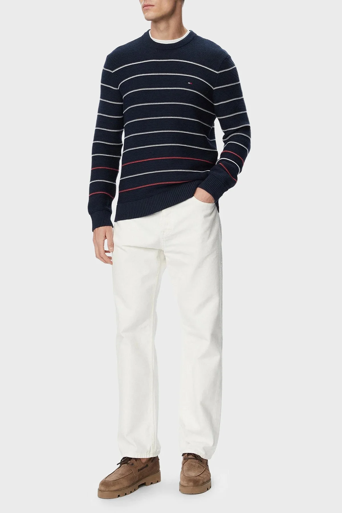 Tommy Jeans Pamuklu Regular Fit Çizgili Bisiklet Yaka Erkek Kazak DM0DM23384 C1G Lacivert - 2