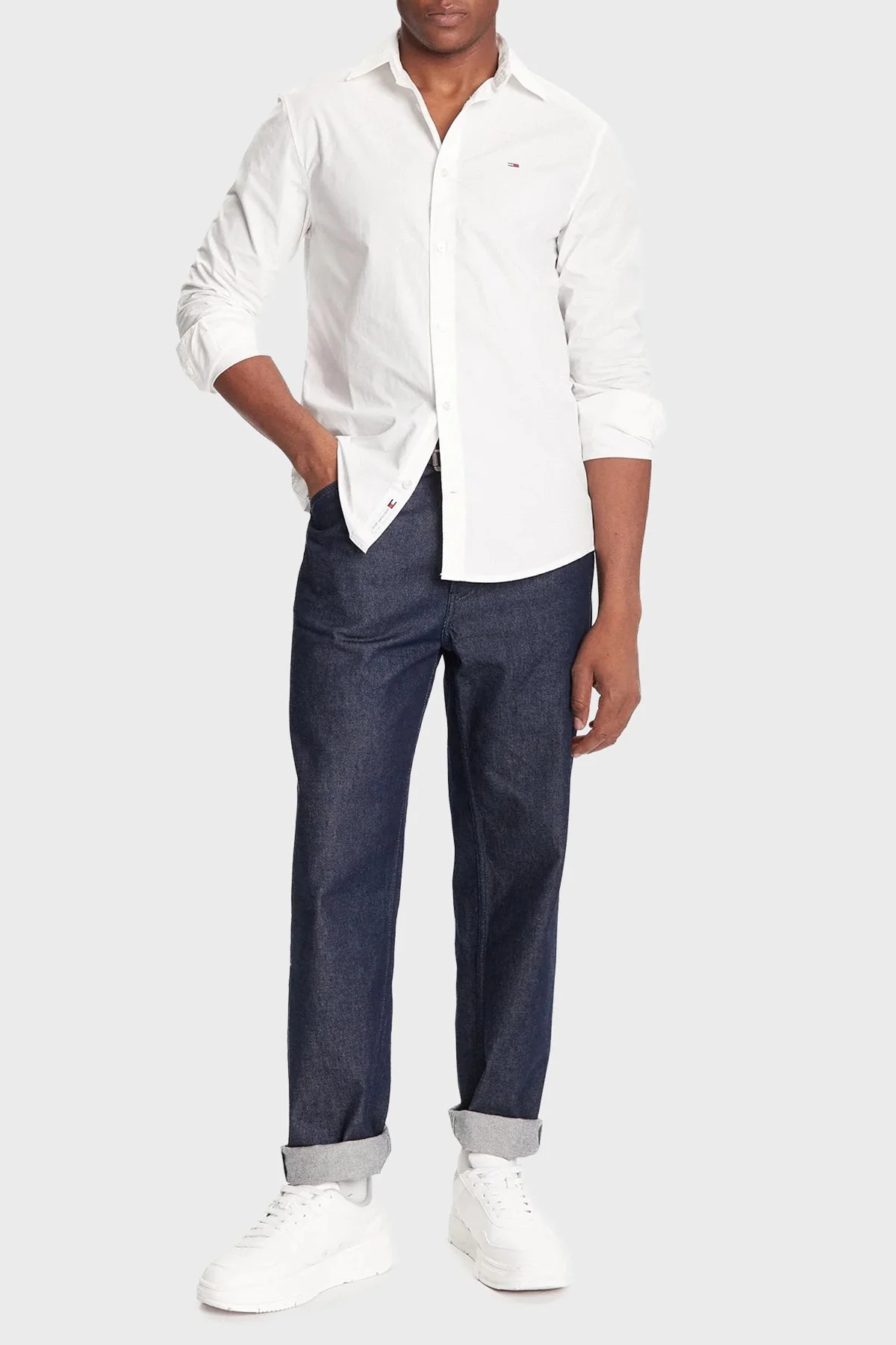 Tommy Jeans Pamuklu Regular Fit Logolu Klasik Yaka Uzun Kollu Erkek Gömlek DM0DM22026 YBL BEYAZ - 2