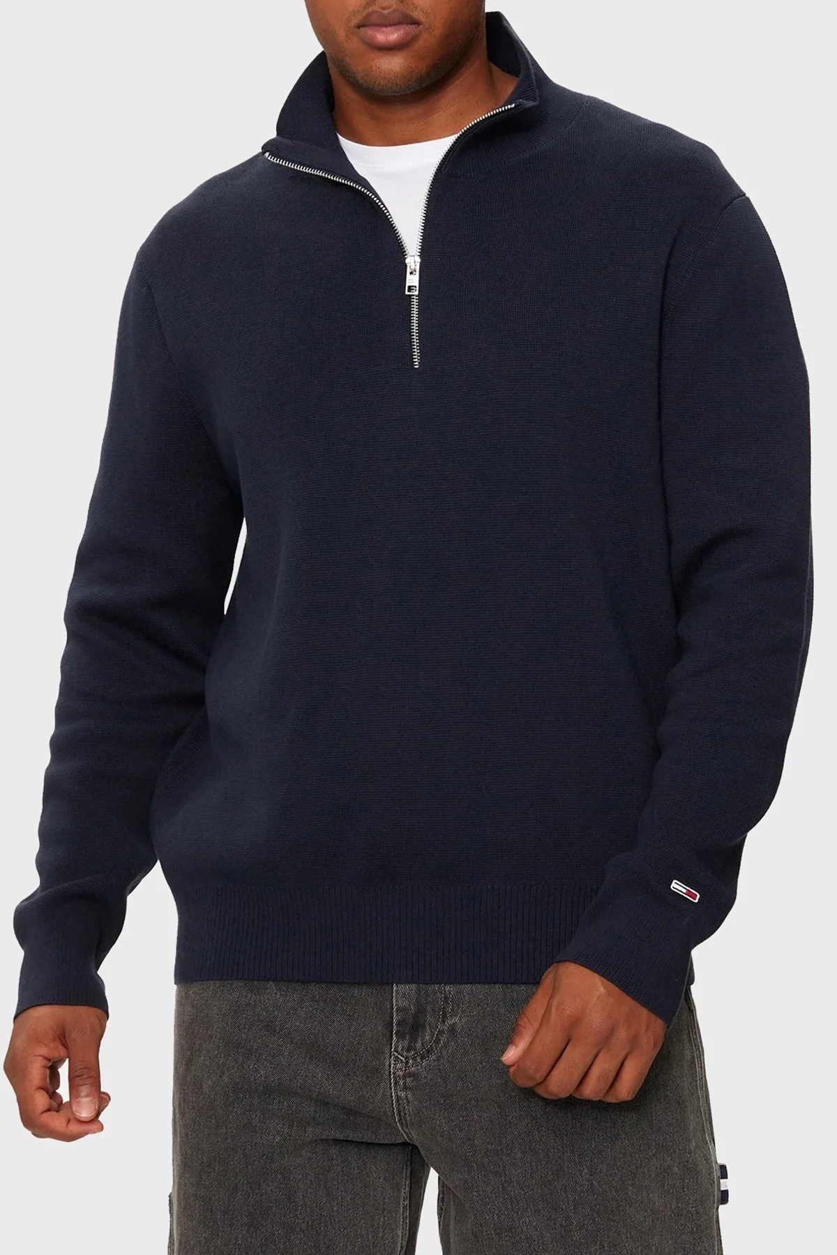 Tommy Jeans Pamuklu Regular Fit Yarım Fermuarlı Dik Yaka Erkek Kazak DM0DM20596 C1G LACİVERT - 1