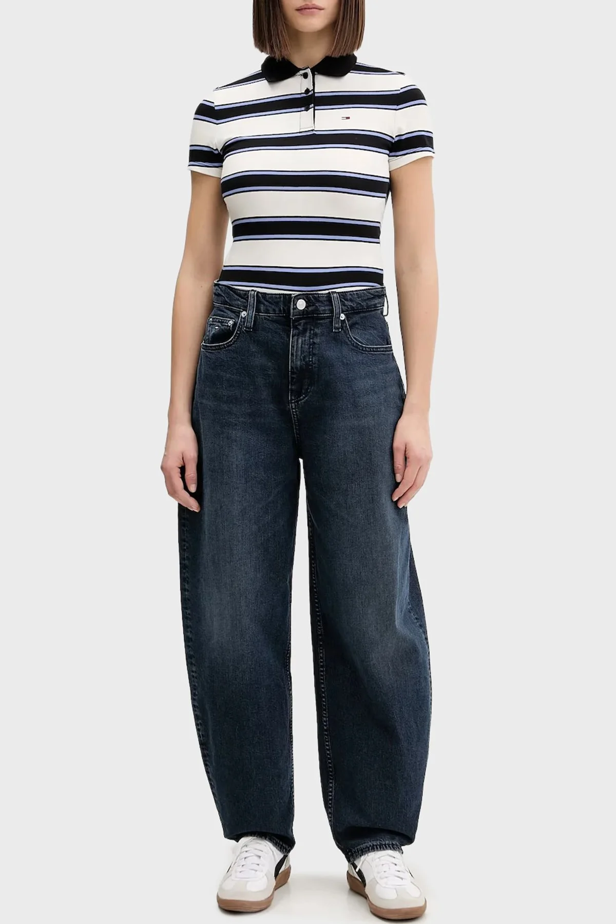 Tommy Jeans Pamuklu Slim Fit Çizgili Düğmeli Bayan Polo Yaka T Shirt DW0DW21931 0FB EKRU-LACİVERT - 6