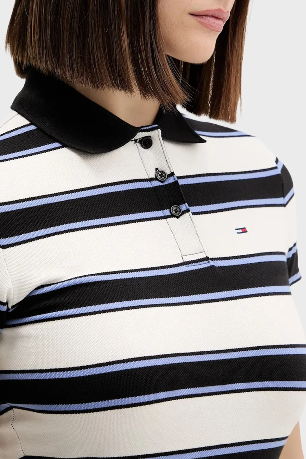 Tommy Jeans Pamuklu Slim Fit Çizgili Düğmeli Bayan Polo Yaka T Shirt DW0DW21931 0FB EKRU-LACİVERT - 8