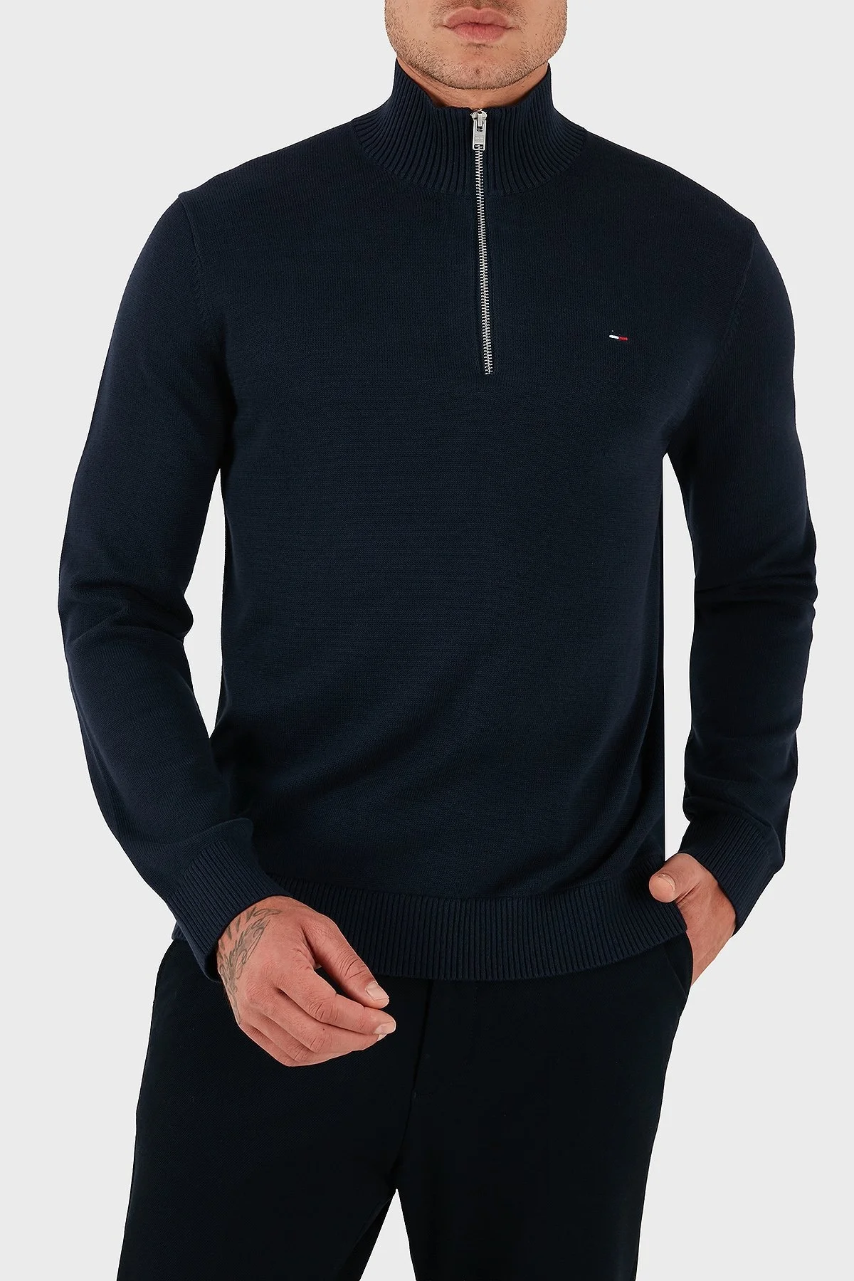Tommy Jeans Pamuklu Slim Fit Yarım Fermuarlı Dik Yaka Erkek Kazak DM0DM21654 C1G LACİVERT - 4