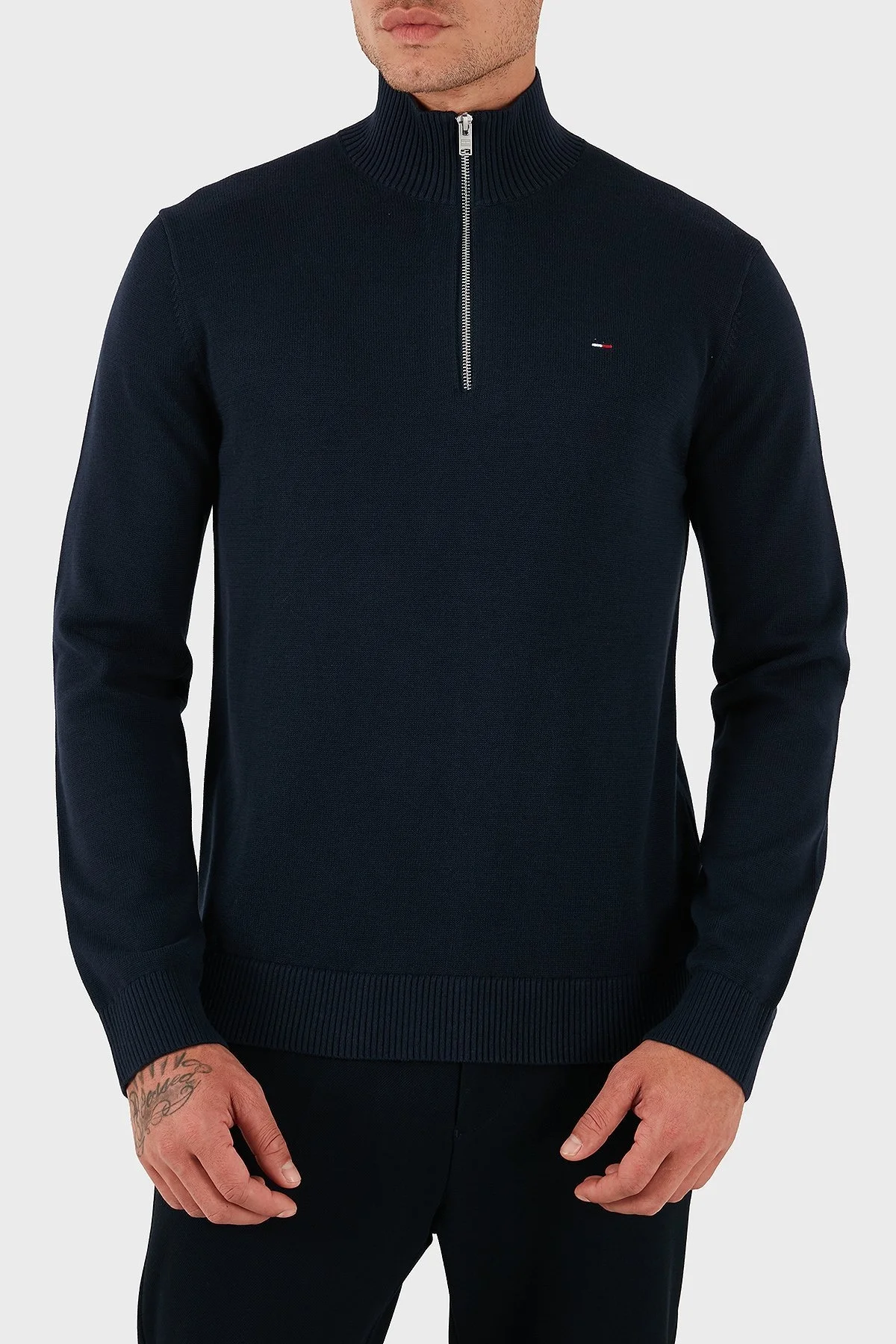 Tommy Jeans Pamuklu Slim Fit Yarım Fermuarlı Dik Yaka Erkek Kazak DM0DM21654 C1G LACİVERT - 5