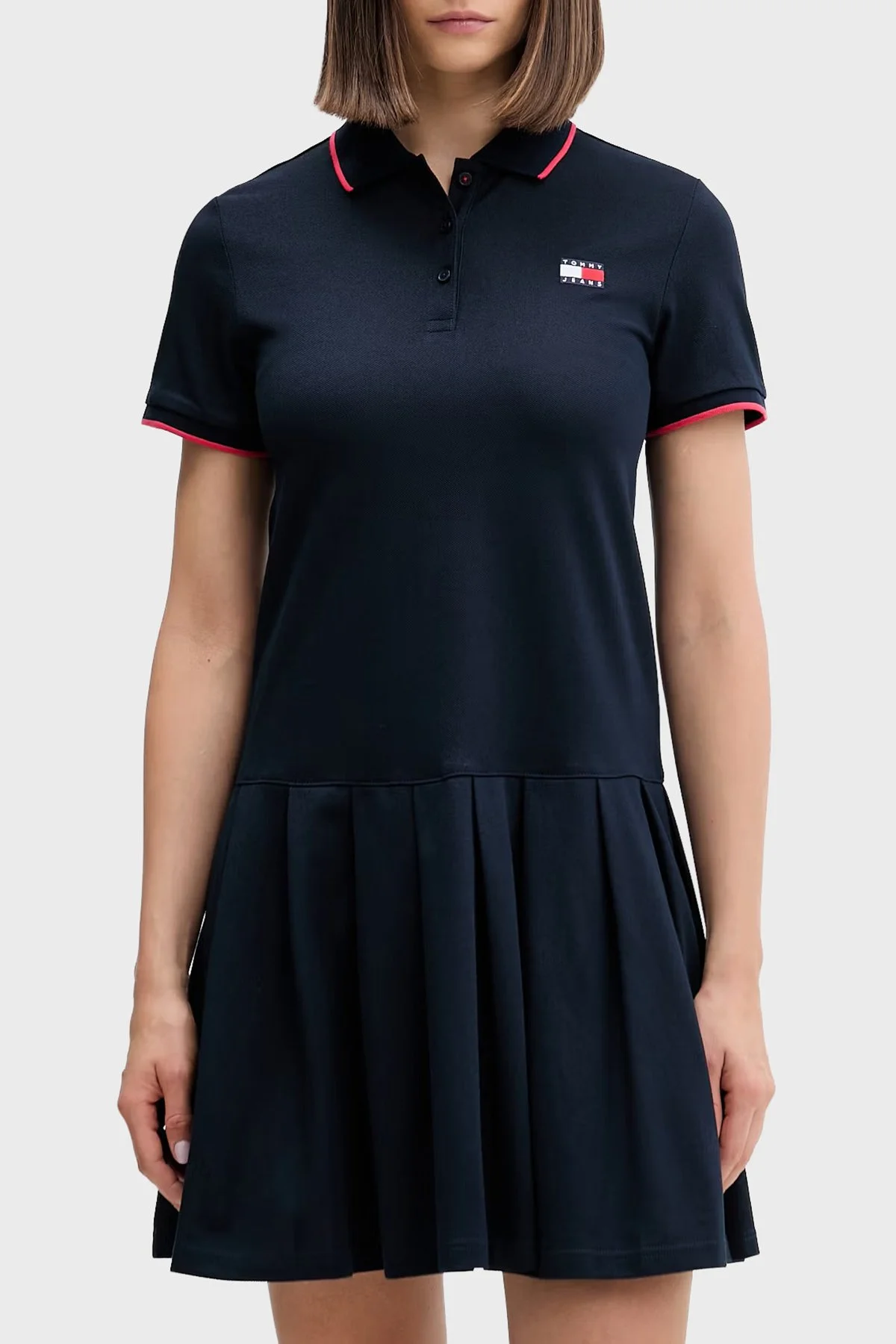 Tommy Jeans Pileli Relaxed Fit Mini Polo Yaka Kadın Elbise DW0DW22328 C1G LACİVERT - 1