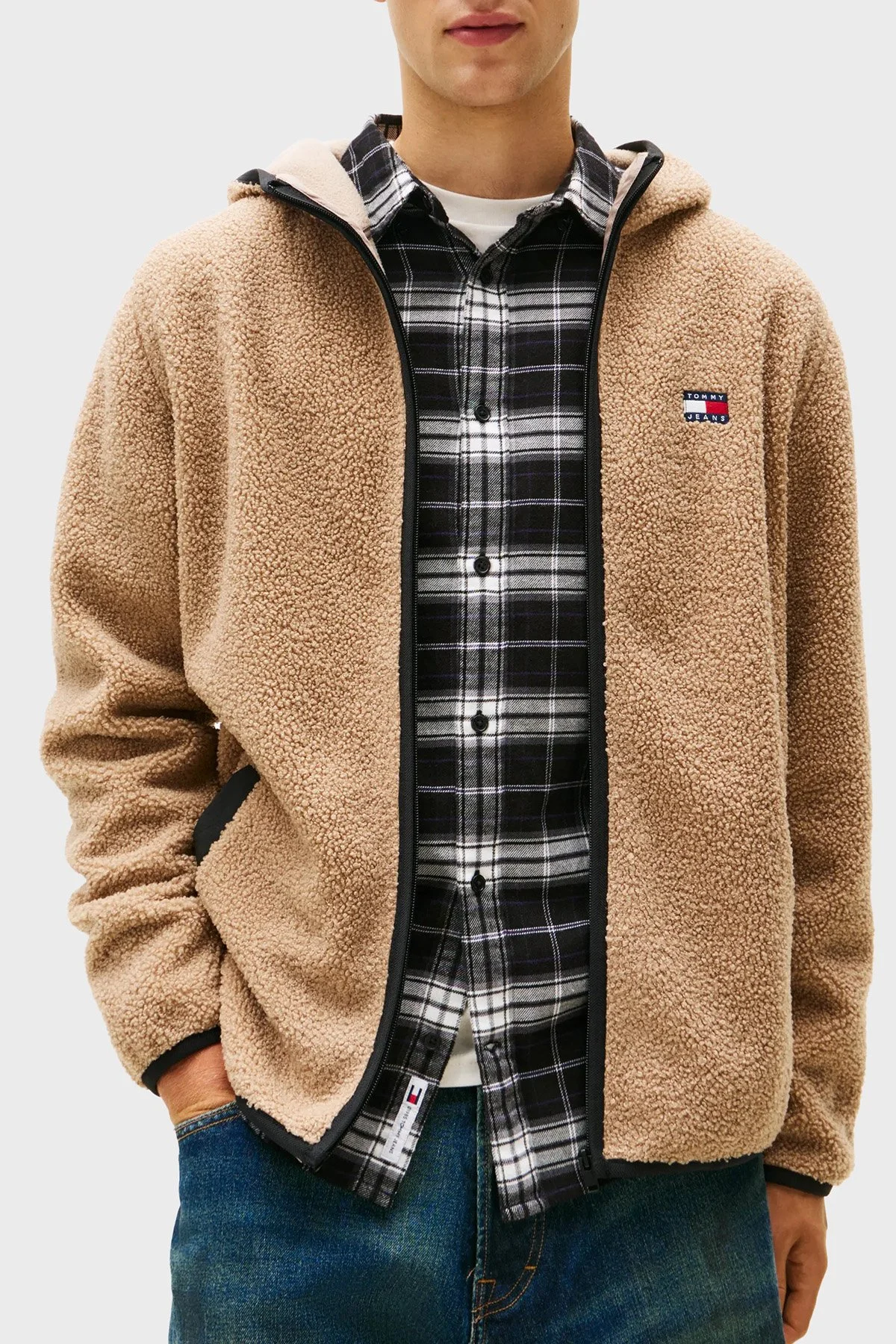 Tommy Jeans Regular Fit Kapüşonlu Fermuarlı Teddy Erkek Sweat DM0DM19224 AFE BEJ - 1