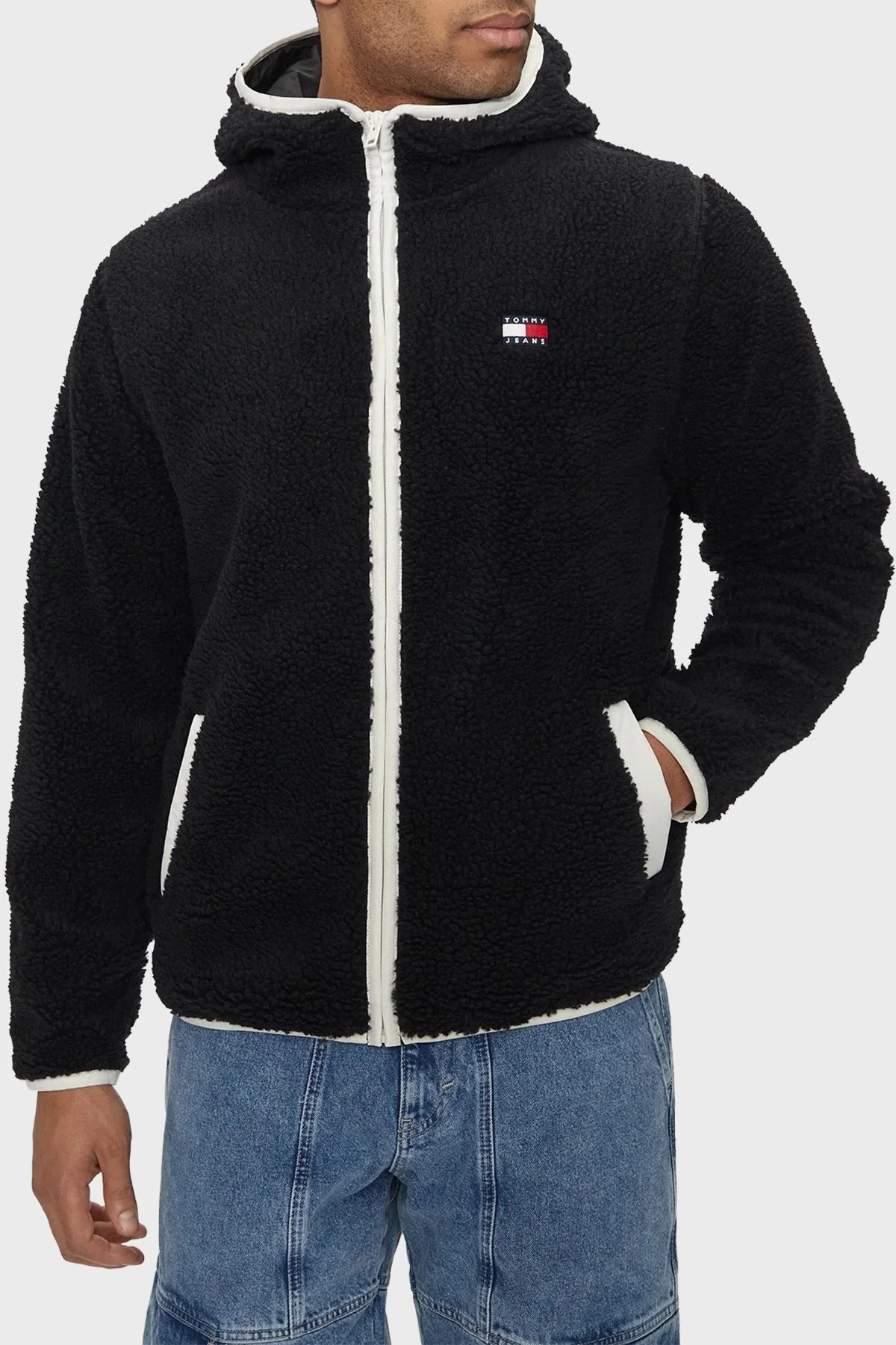 Tommy Jeans Regular Fit Kapüşonlu Fermuarlı Teddy Erkek Sweat DM0DM19224 BDS SİYAH - 1