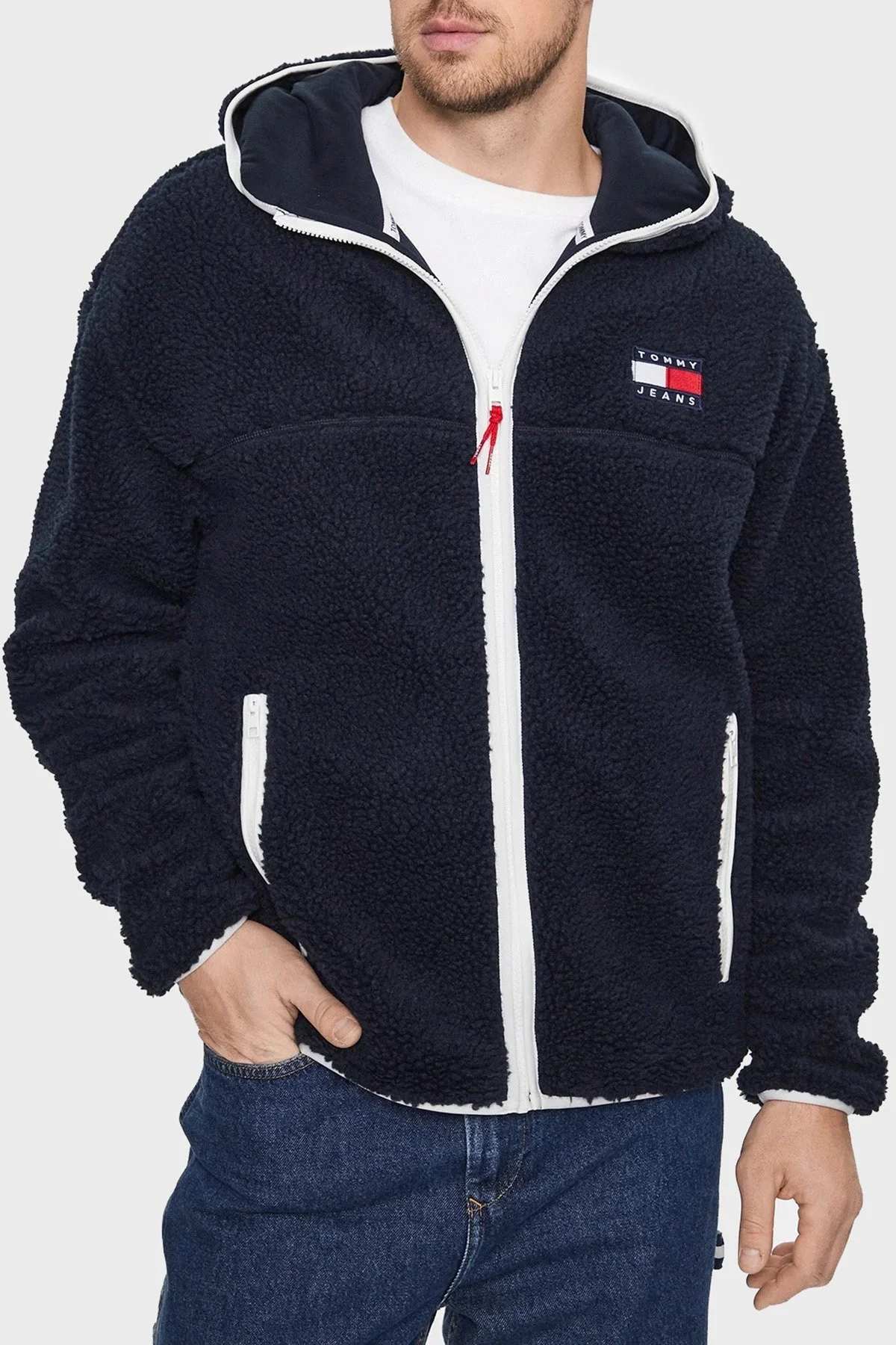 Tommy Jeans Regular Fit Yan Cepli Fermuarlı Kapüşonlu Erkek Polar DM0DM15509 DW5 LACİVERT - 1