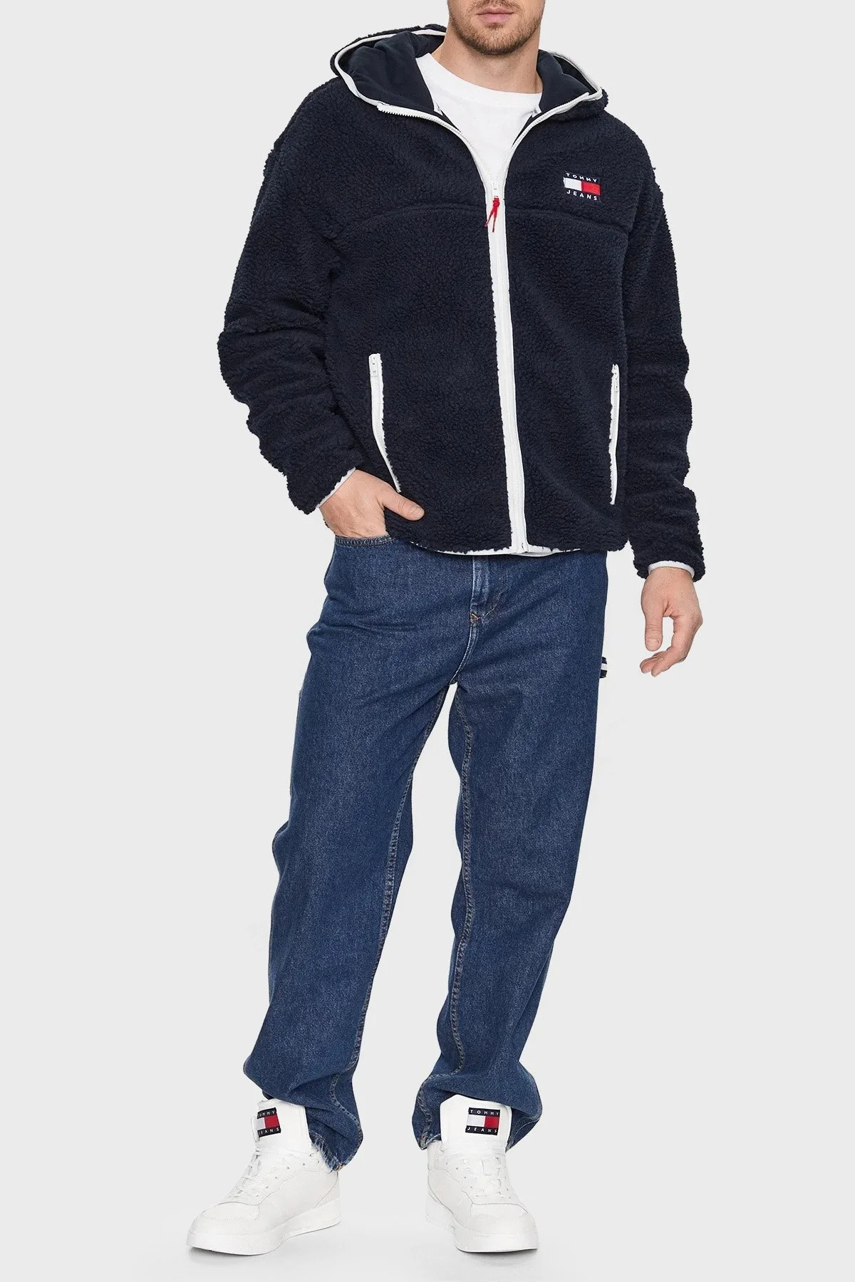 Tommy Jeans Regular Fit Yan Cepli Fermuarlı Kapüşonlu Erkek Polar DM0DM15509 DW5 LACİVERT - 2