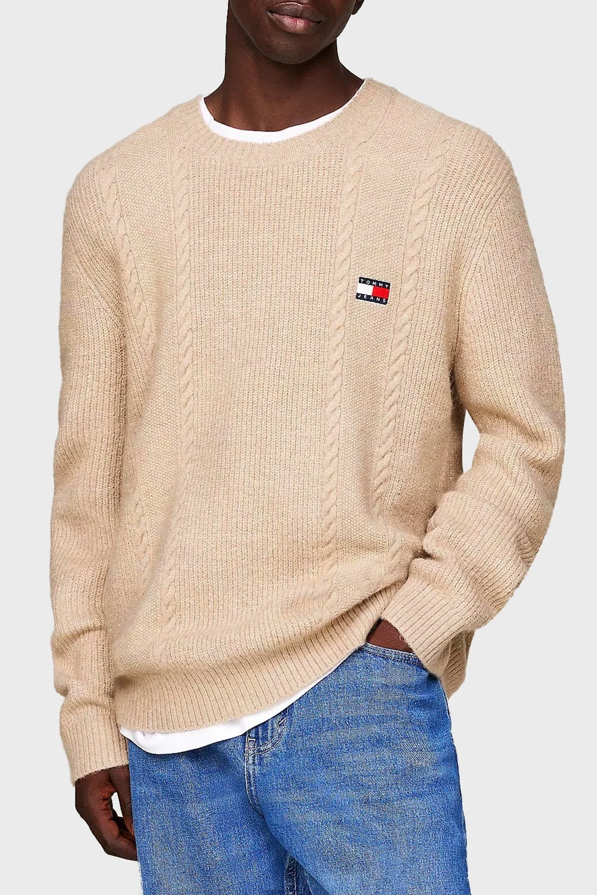 Tommy Jeans Streç Slim Fit Bisiklet Yaka Örme Erkek Kazak DM0DM19440 AB9 BEJ - 1