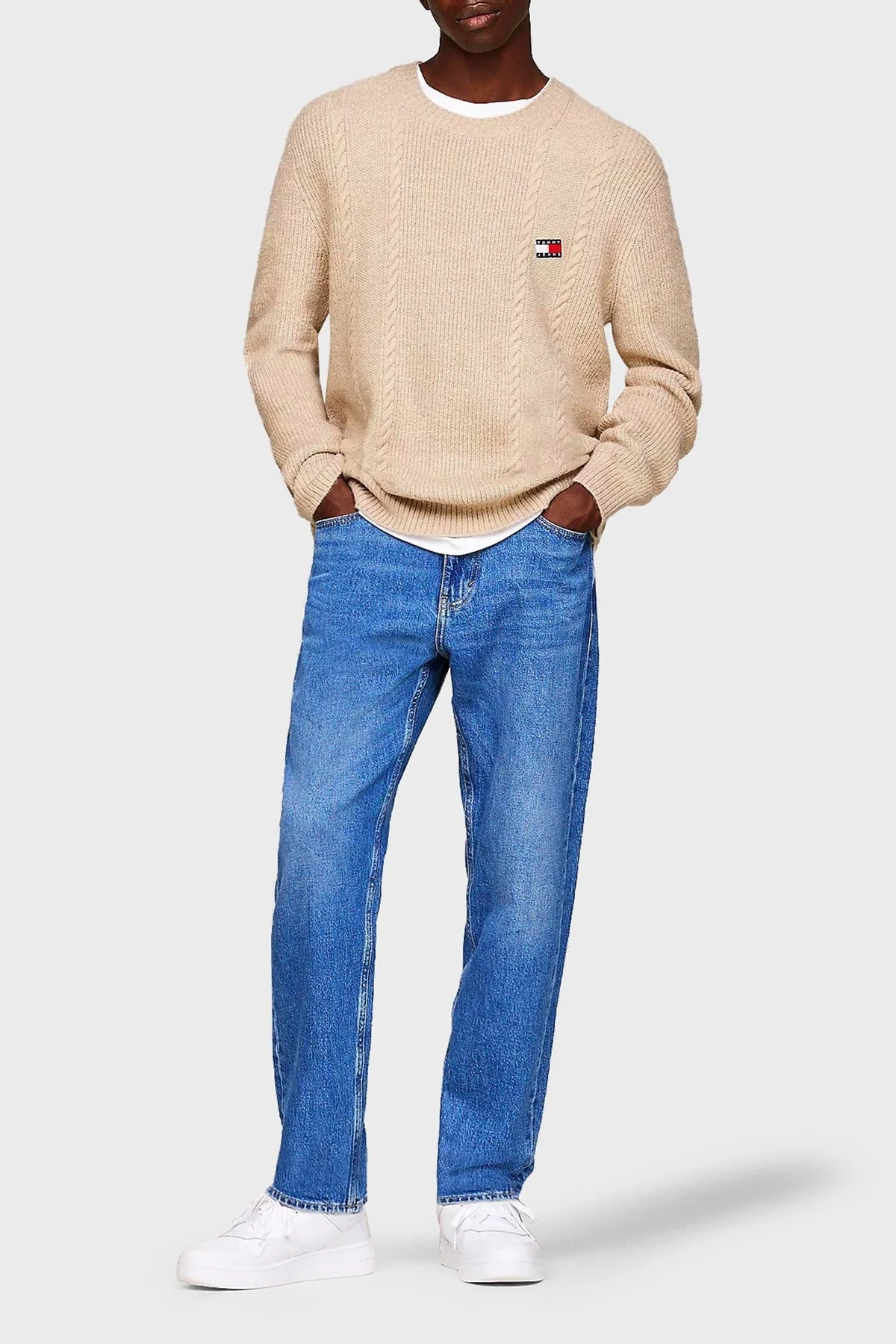 Tommy Jeans Streç Slim Fit Bisiklet Yaka Örme Erkek Kazak DM0DM19440 AB9 BEJ - 2