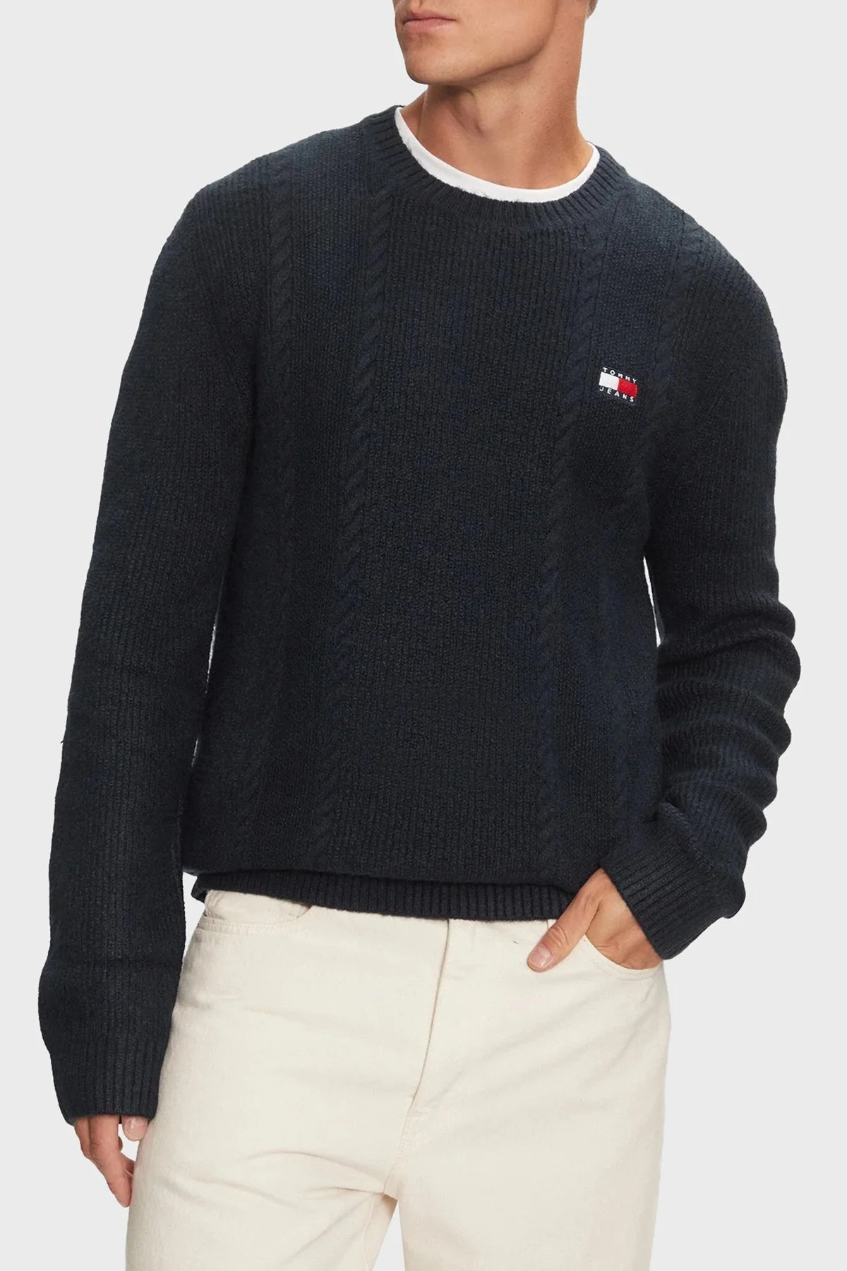 Tommy Jeans Streç Slim Fit Bisiklet Yaka Örme Erkek Kazak DM0DM19440 C1G LACİVERT - 1