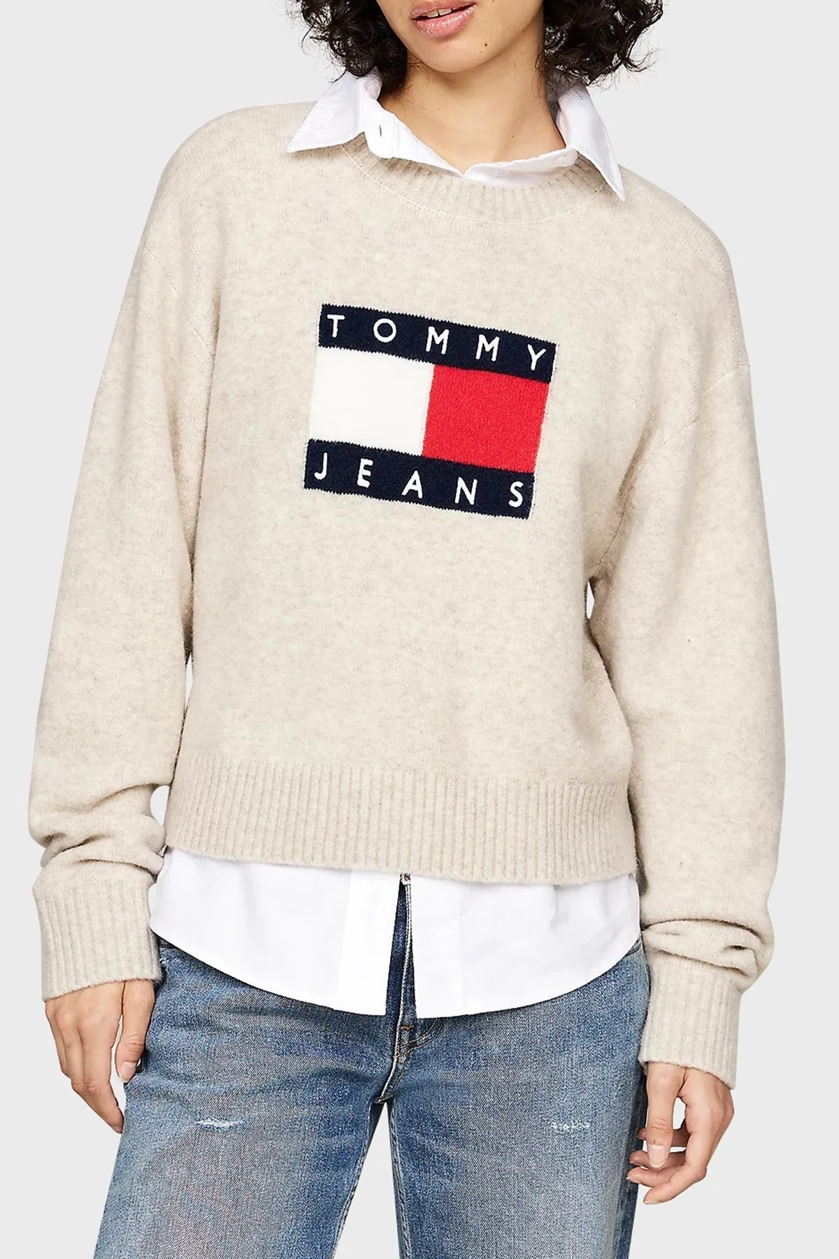 Tommy Jeans Streç Yünlü Relaxed Fit Bisiklet Yaka Bayan Kazak DW0DW18681 HCV KAHVE - 1