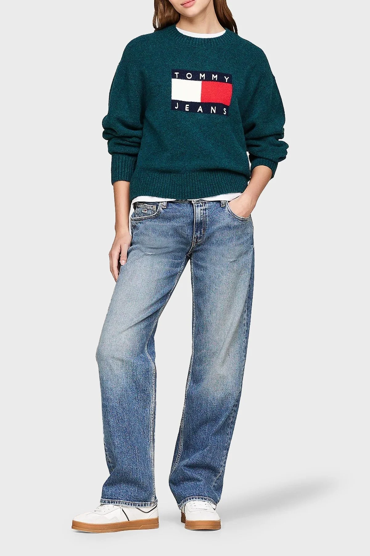 Tommy Jeans Streç Yünlü Relaxed Fit Bisiklet Yaka Bayan Kazak DW0DW18681 MNG KOYU YEŞİL - 3