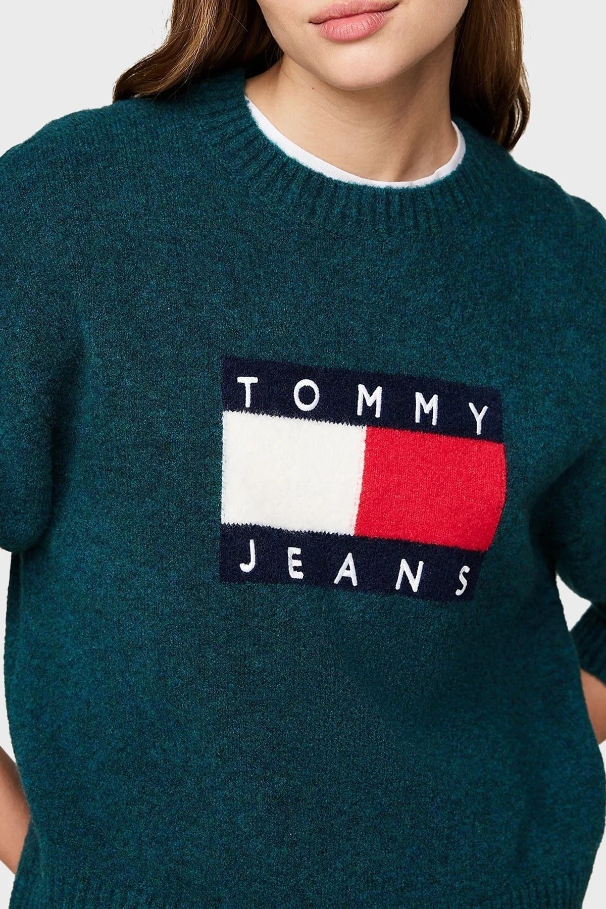 Tommy Jeans Streç Yünlü Relaxed Fit Bisiklet Yaka Bayan Kazak DW0DW18681 MNG KOYU YEŞİL - 4