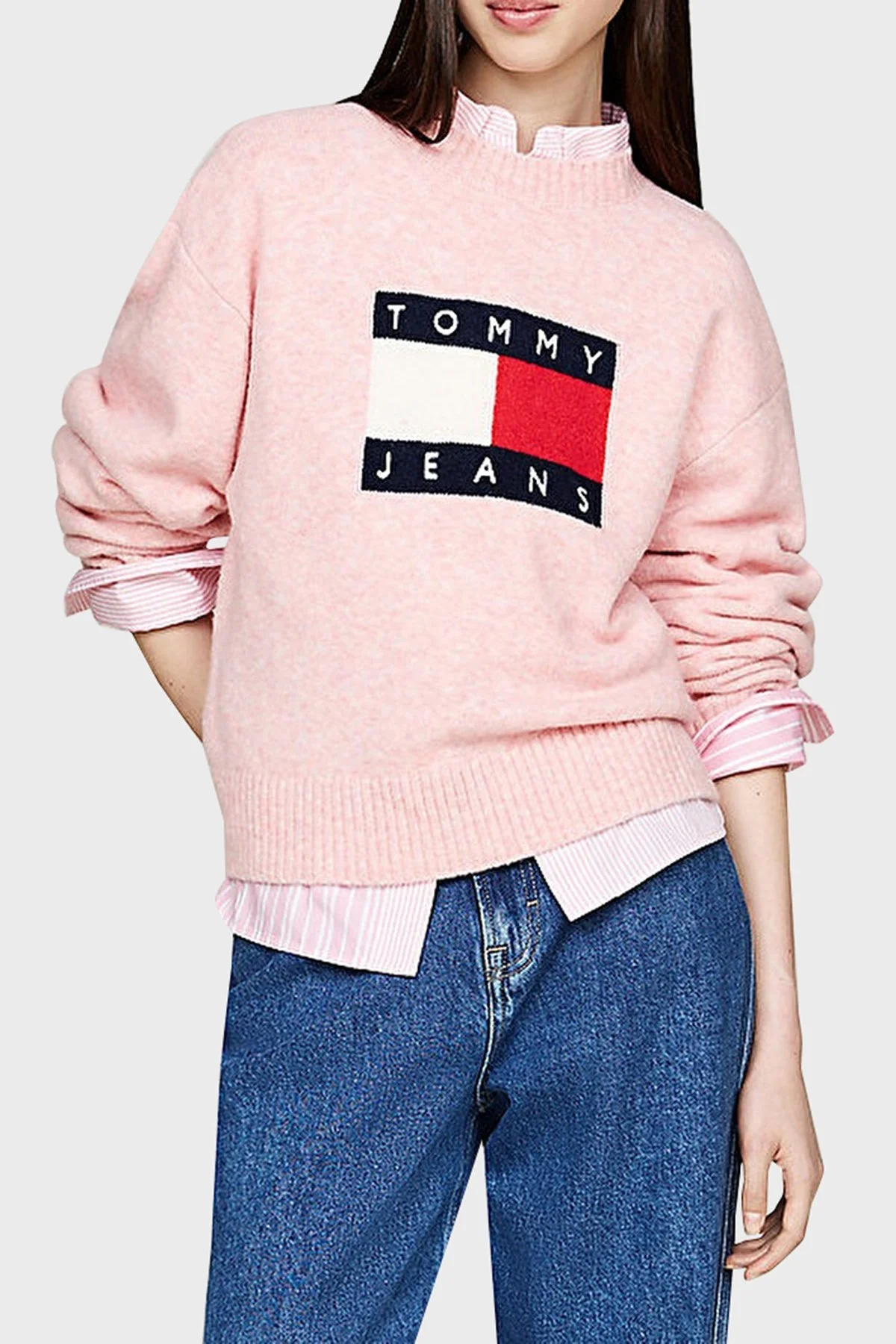 Tommy Jeans Streç Yünlü Relaxed Fit Bisiklet Yaka Bayan Kazak DW0DW18681 TVS PEMBE - 1