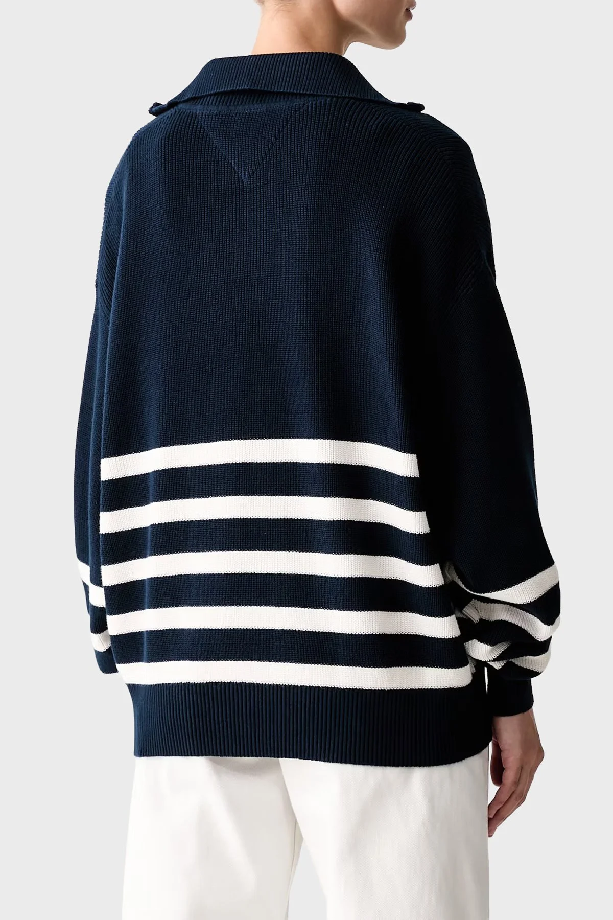 Tommy Jeans Yarım Fermuarlı Çizgili Relaxed Fit Dik Yaka Logolu Kadın Kazak DW0DW22928 0A9 Mavi - 3