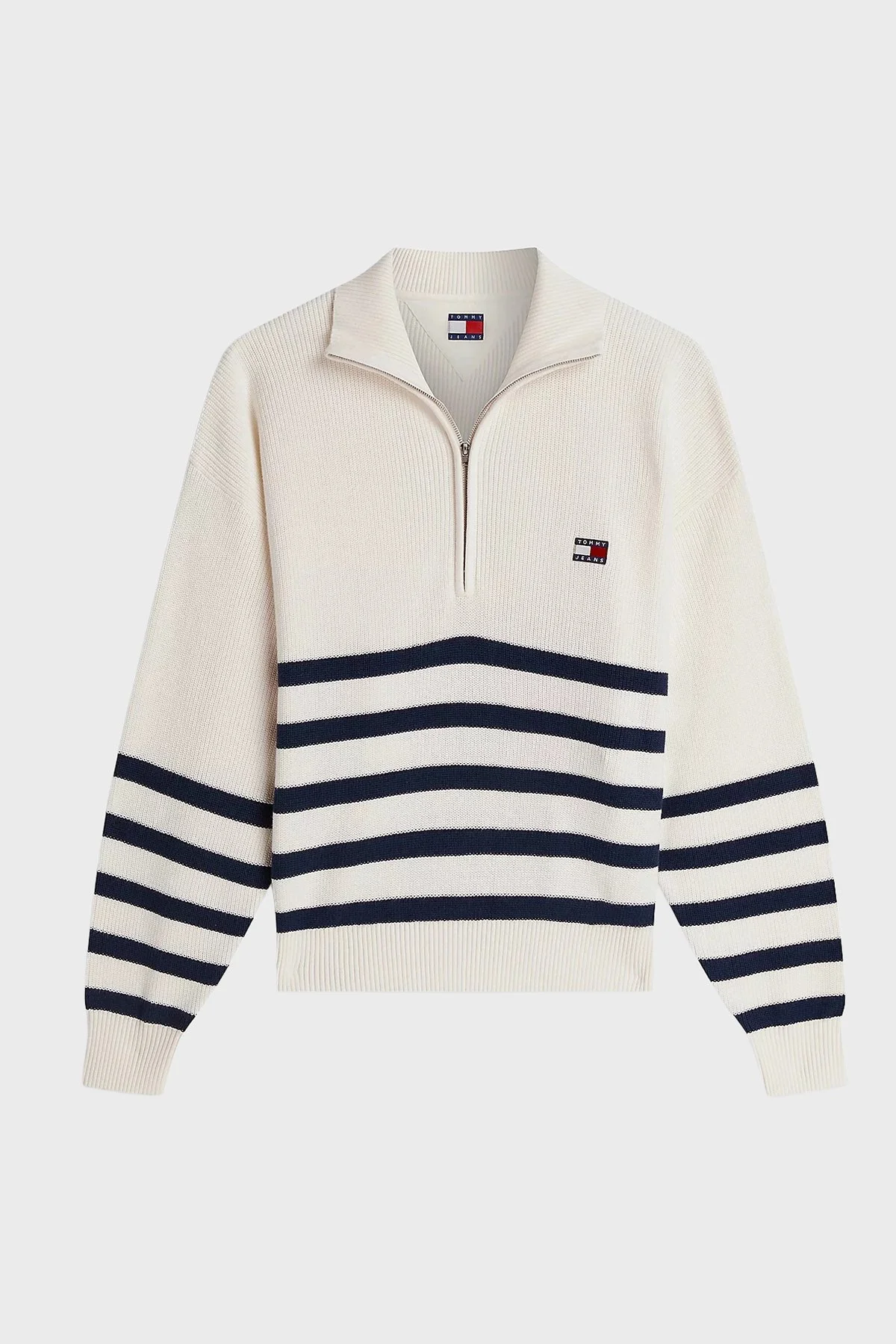 Tommy Jeans Yarım Fermuarlı Çizgili Relaxed Fit Dik Yaka Logolu Kadın Kazak DW0DW22928 YBH Beyaz - 5