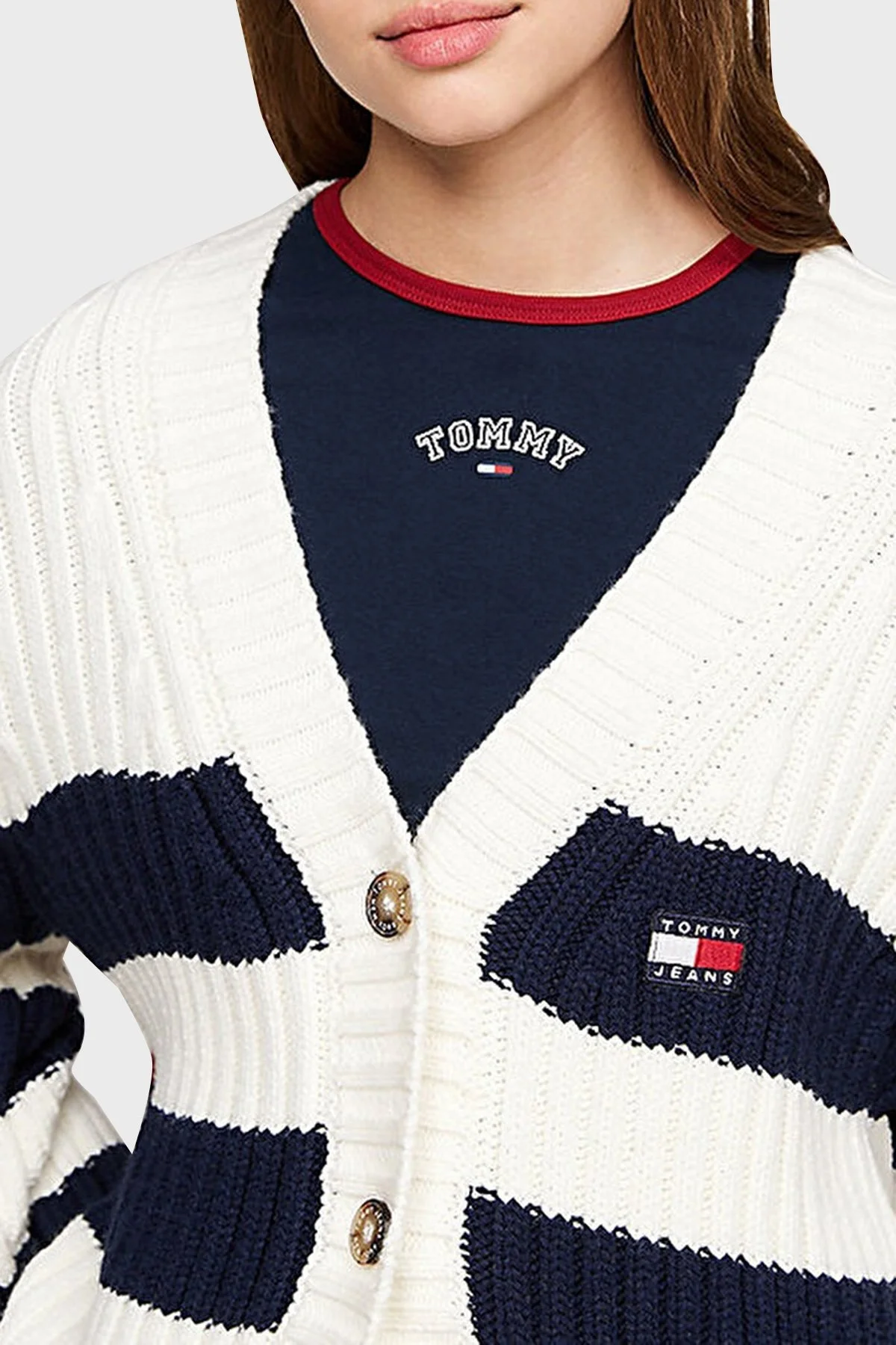 Tommy Jeans Yün Karışımlı Oversize V Yaka Şeritli Bayan Hırka DW0DW18676 YBH BEYAZ - 2