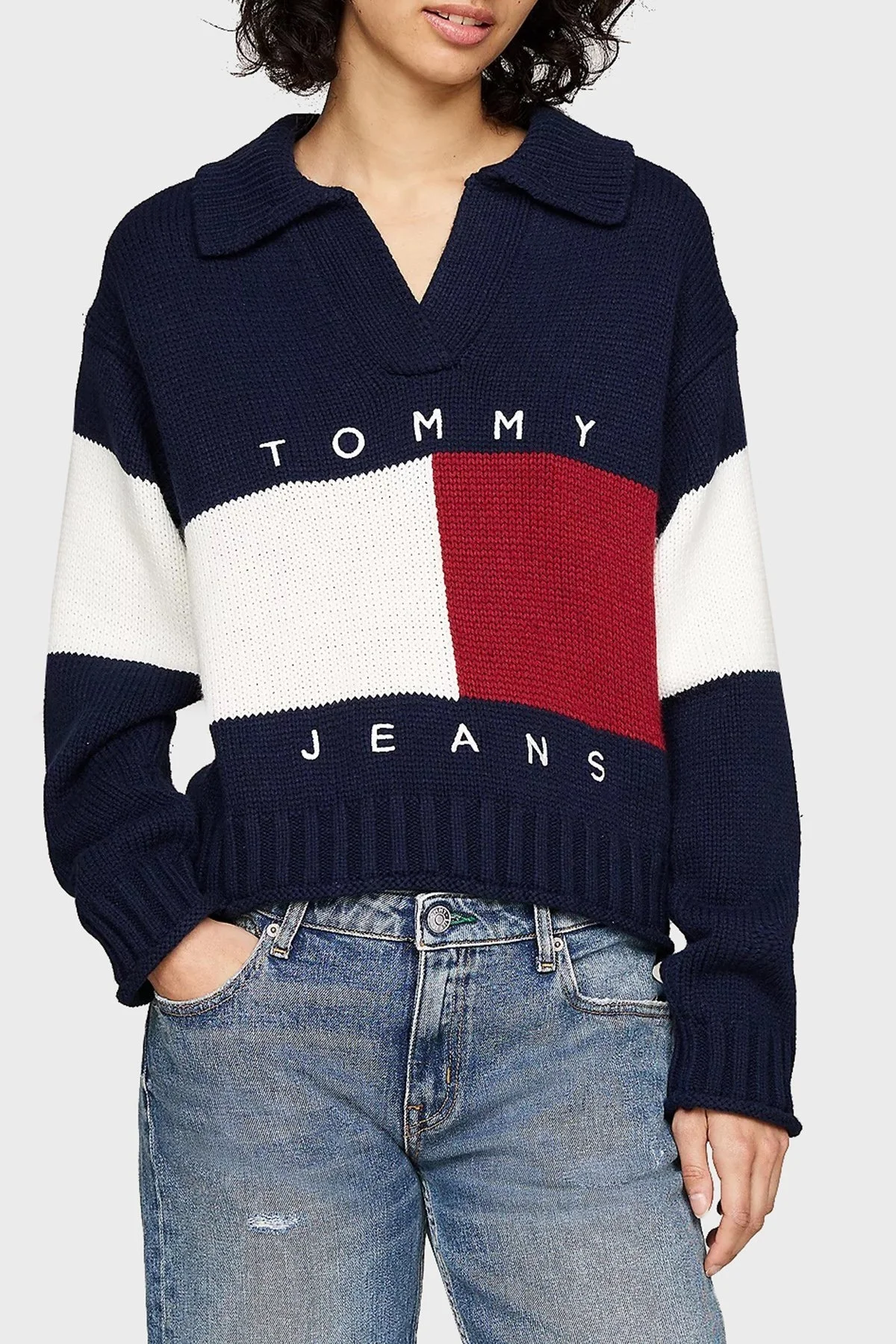 Tommy Jeans Yün Karışımlı Relaxed Fit V Yaka Logolu Bayan Kazak DW0DW18677 C1G LACİVERT-BEYAZ - 1