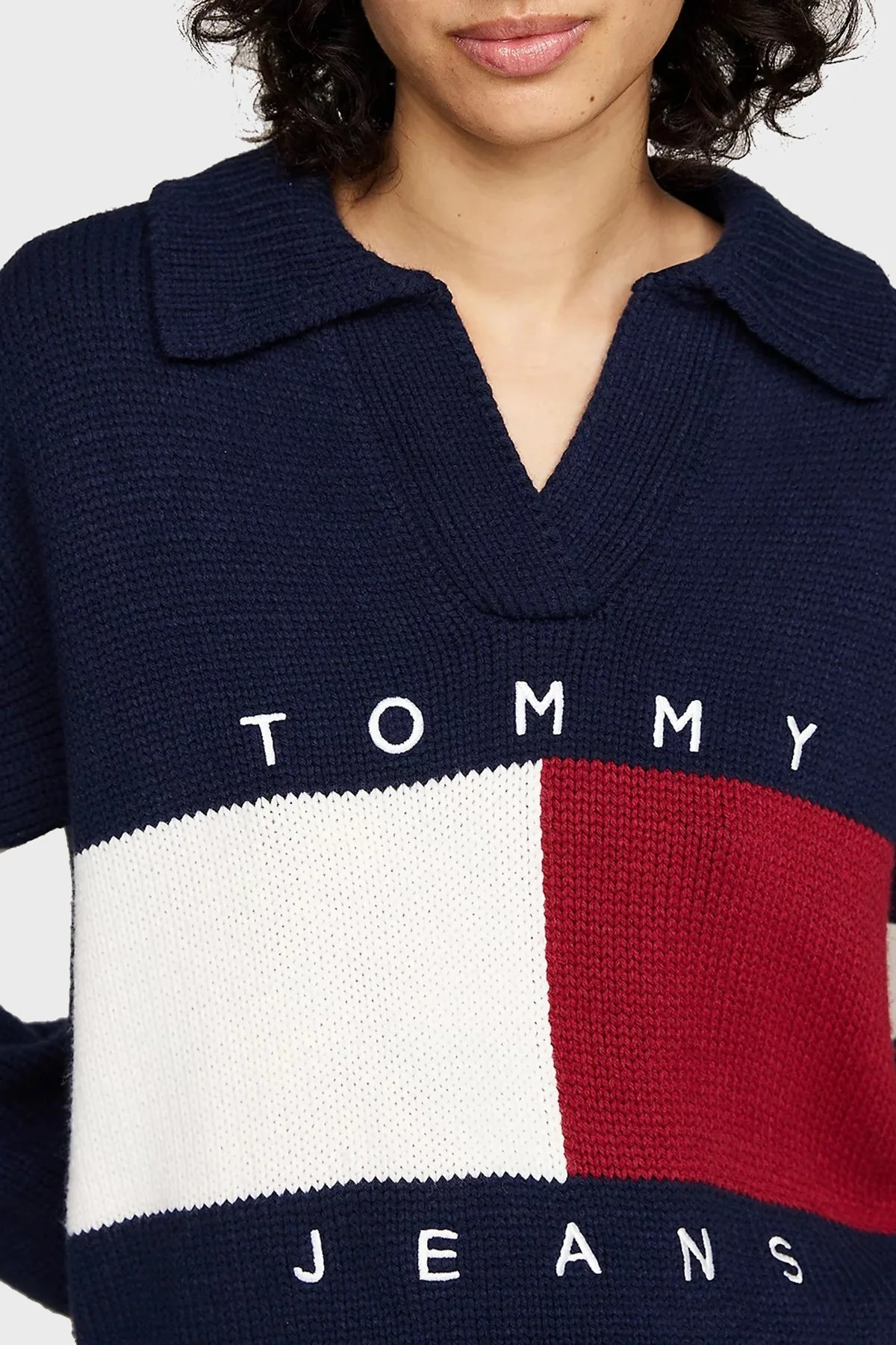 Tommy Jeans Yün Karışımlı Relaxed Fit V Yaka Logolu Bayan Kazak DW0DW18677 C1G LACİVERT-BEYAZ - 3