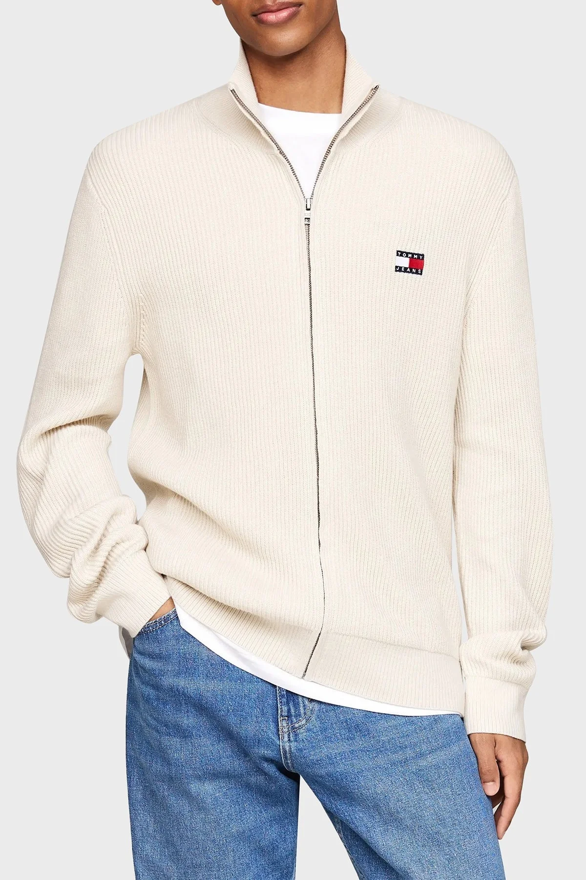 Tommy Jeans Yün Karışımlı Slim Fit Dik Yaka Fermuarlı Erkek Sweat DM0DM19435 ACG BEJ - 1