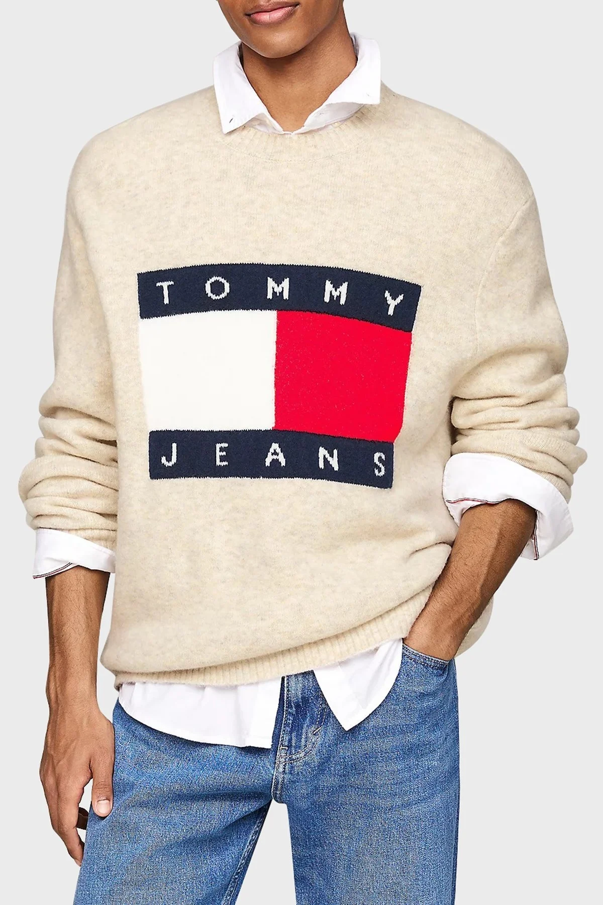 Tommy Jeans Yünlü Regular Fit Bisiklet Yaka Erkek Kazak DM0DM19442 ACG BEJ - 1