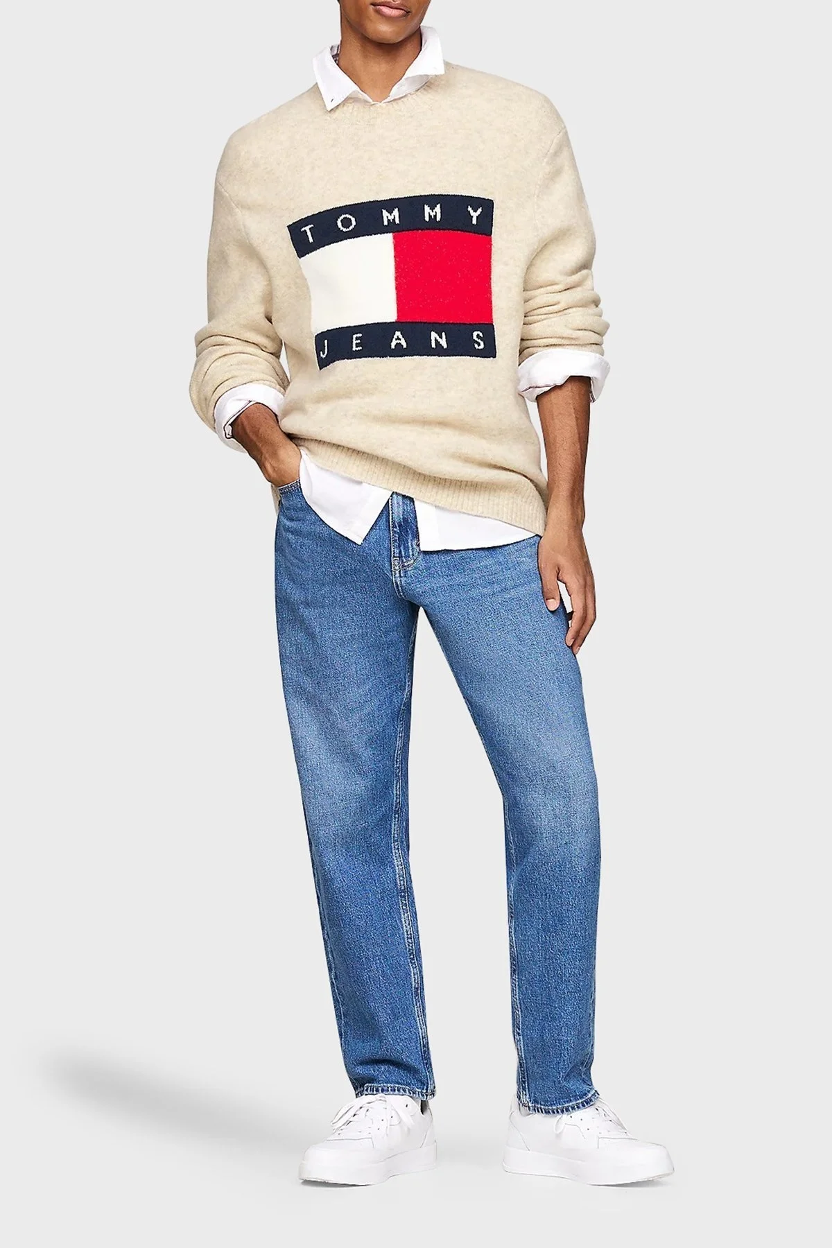 Tommy Jeans Yünlü Regular Fit Bisiklet Yaka Erkek Kazak DM0DM19442 ACG BEJ - 2