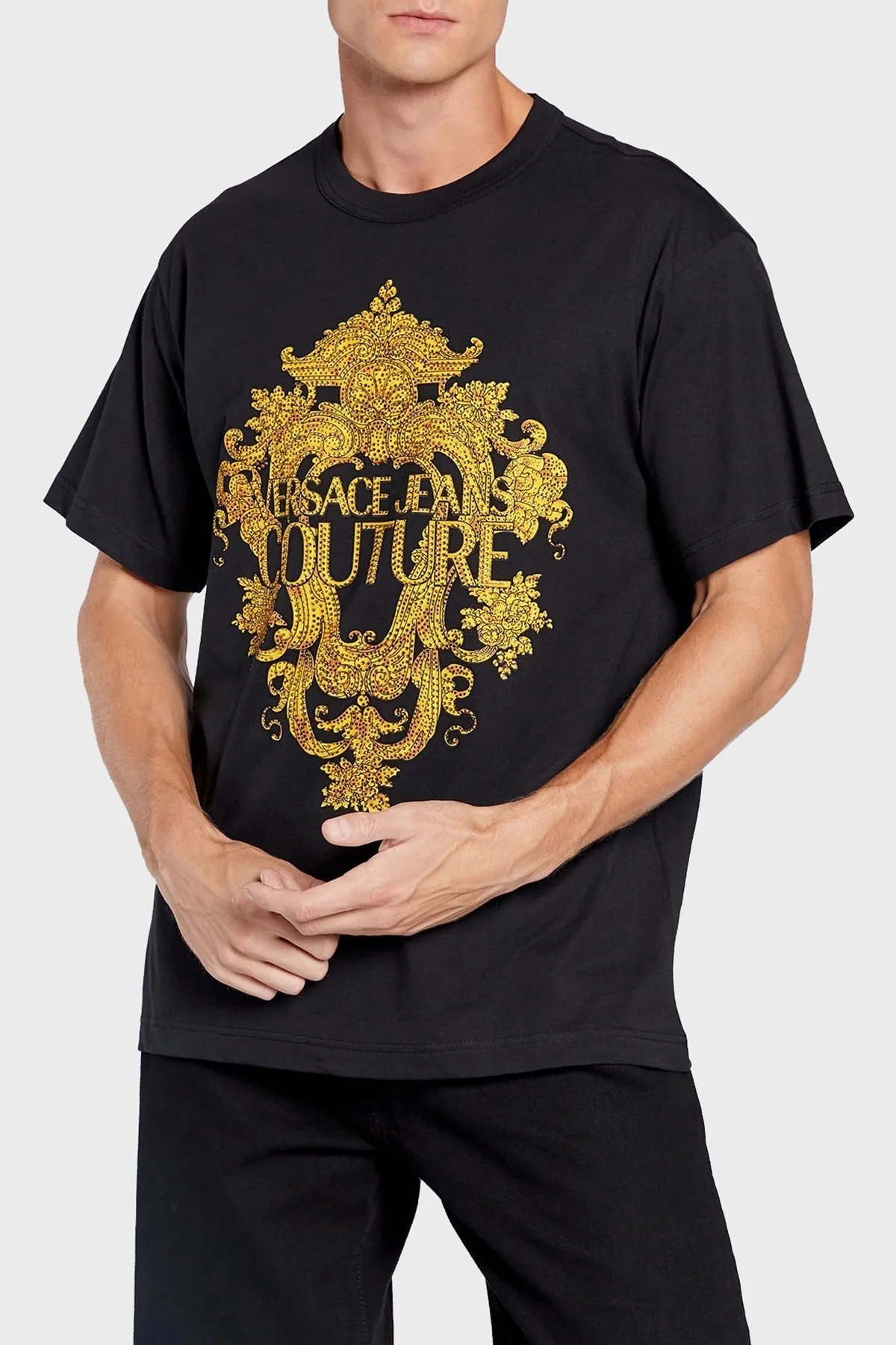 Versace % 100 Pamuk Loose Fit Bisiklet Yaka Erkek T Shirt 73GAHP02 CJ01P G89 SİYAH - 1