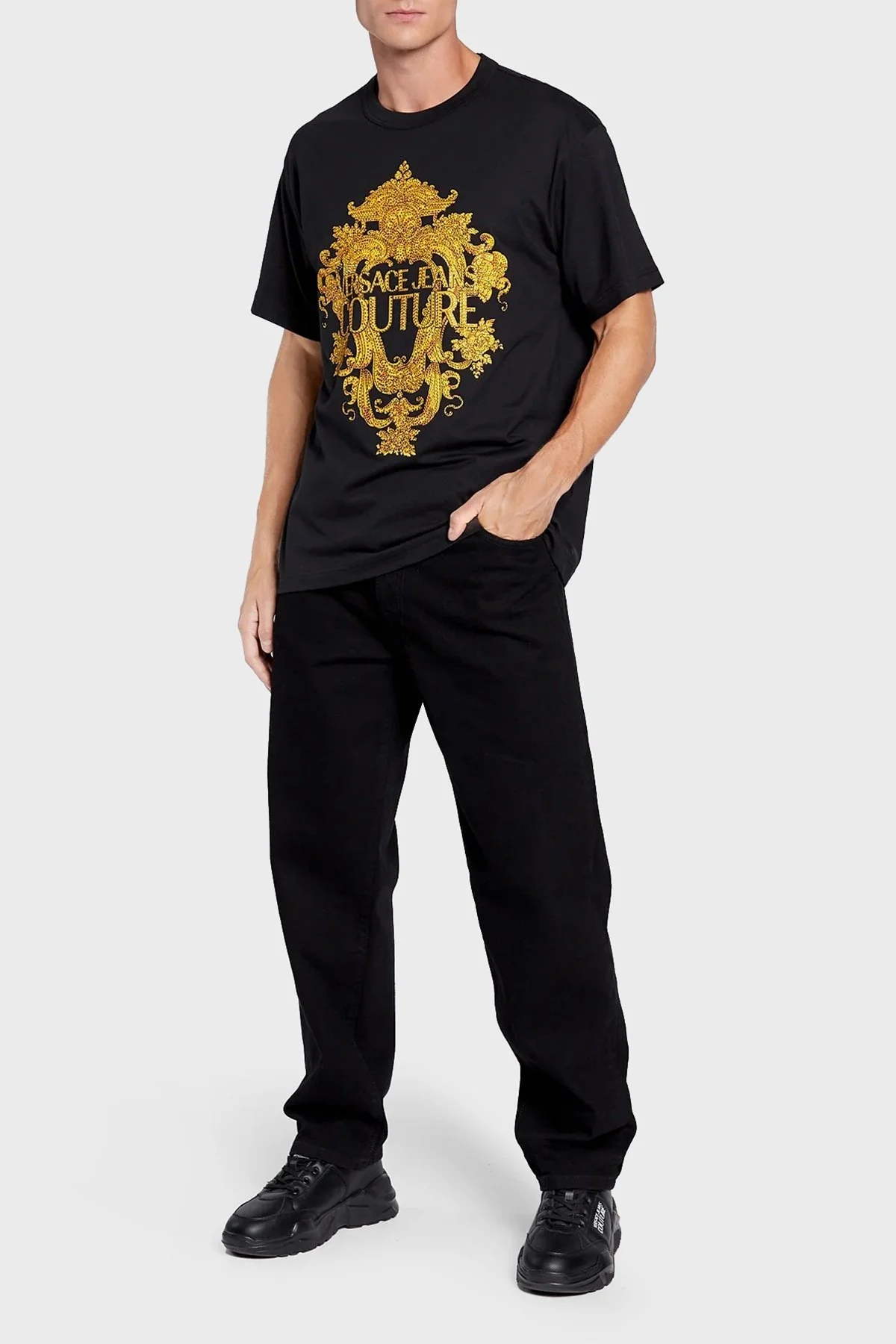 Versace % 100 Pamuk Loose Fit Bisiklet Yaka Erkek T Shirt 73GAHP02 CJ01P G89 SİYAH - 2