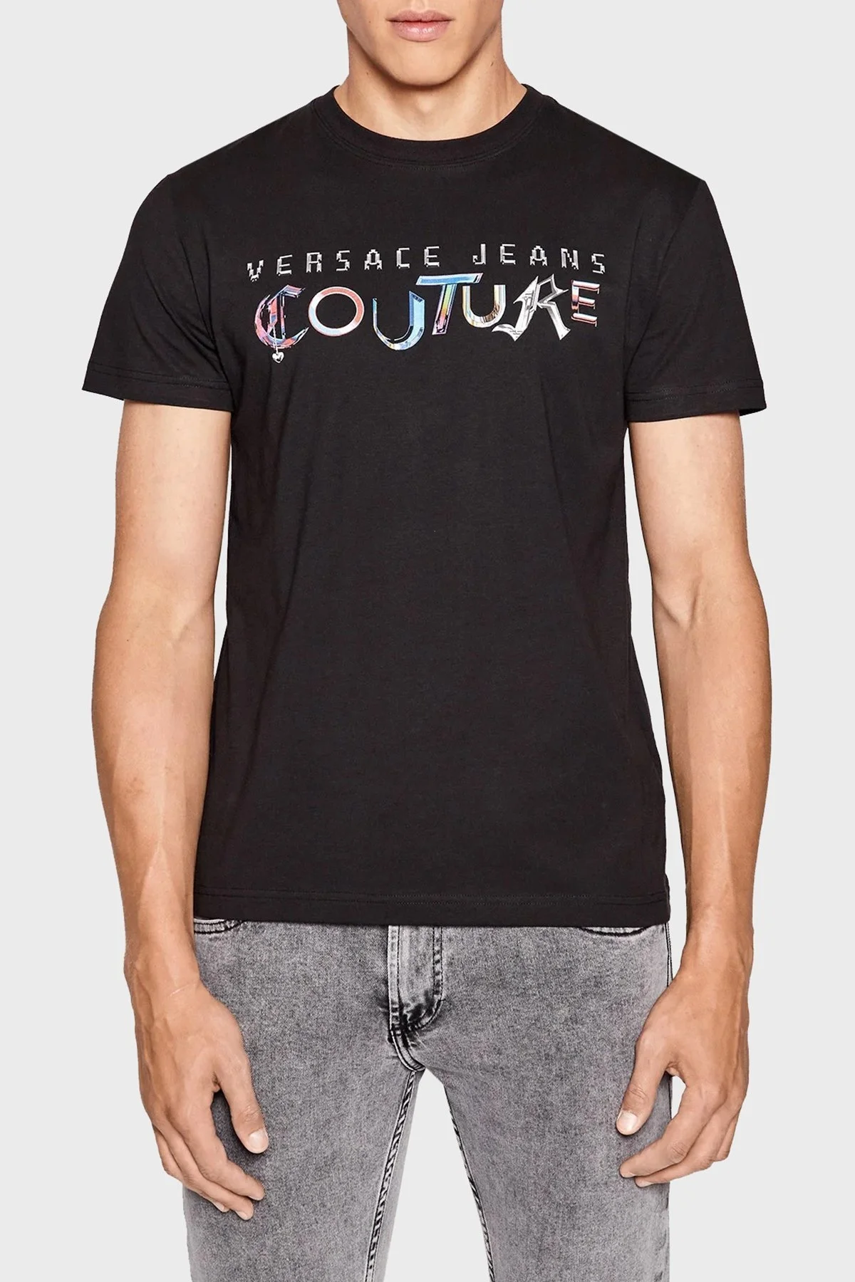 Versace % 100 Pamuk Regular Fit Bisiklet Yaka Erkek T Shirt 73GAHF05 CJ00F 899 SİYAH - 1