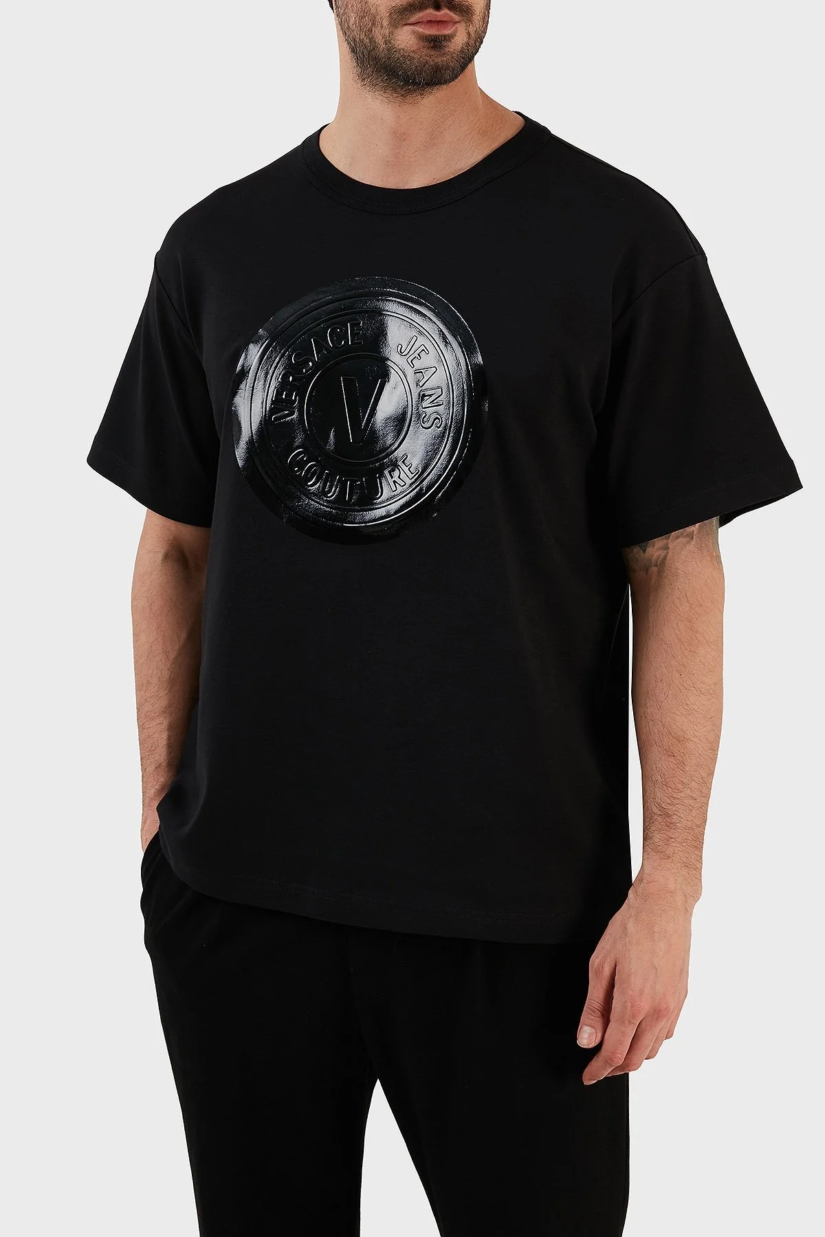 Versace % 100 Pamuk Regular Fit Bisiklet Yaka Erkek T Shirt 73GAHP03 CJ03P 899 SİYAH - 2