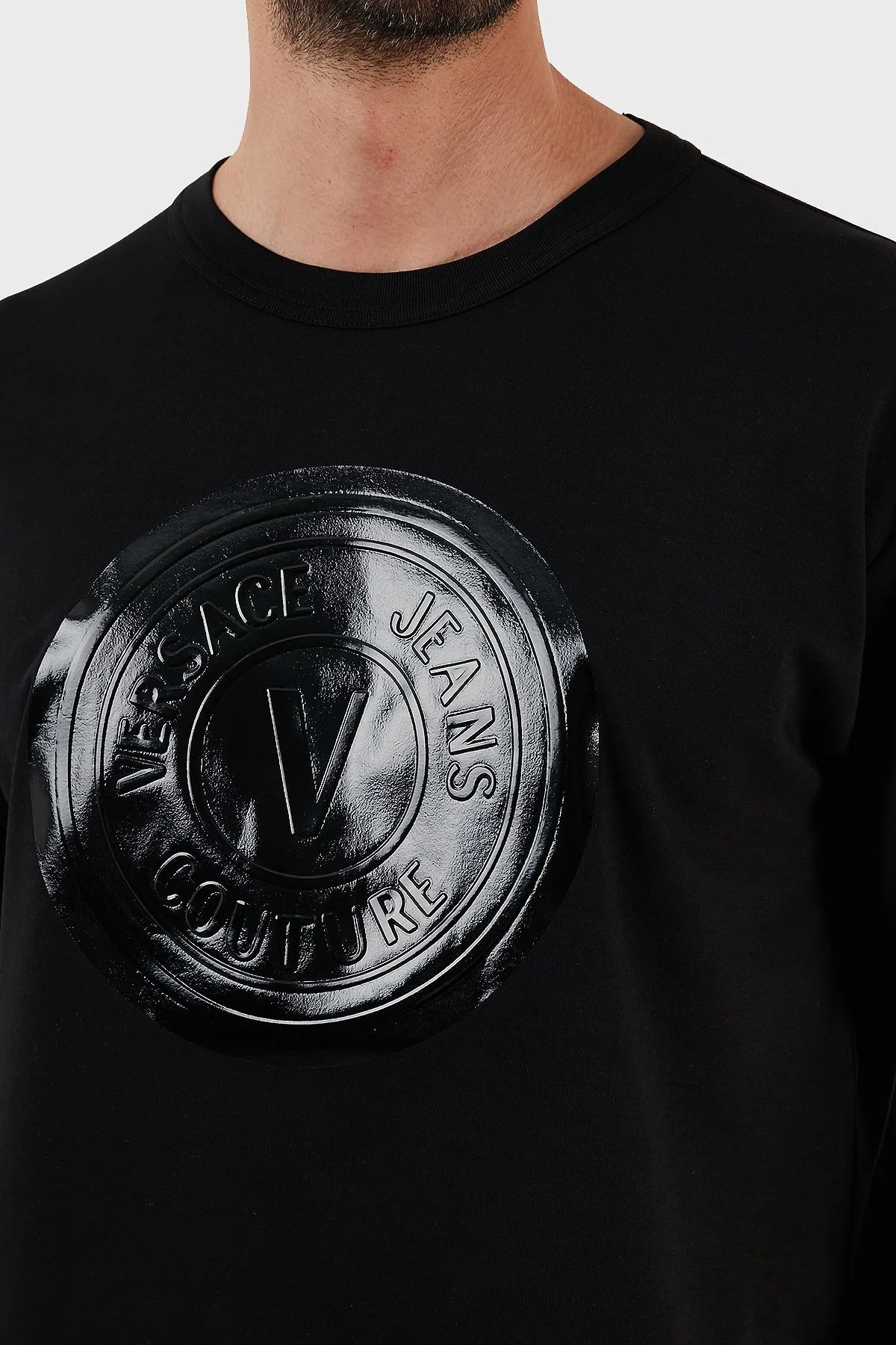 Versace % 100 Pamuk Regular Fit Bisiklet Yaka Erkek T Shirt 73GAHP03 CJ03P 899 SİYAH - 3