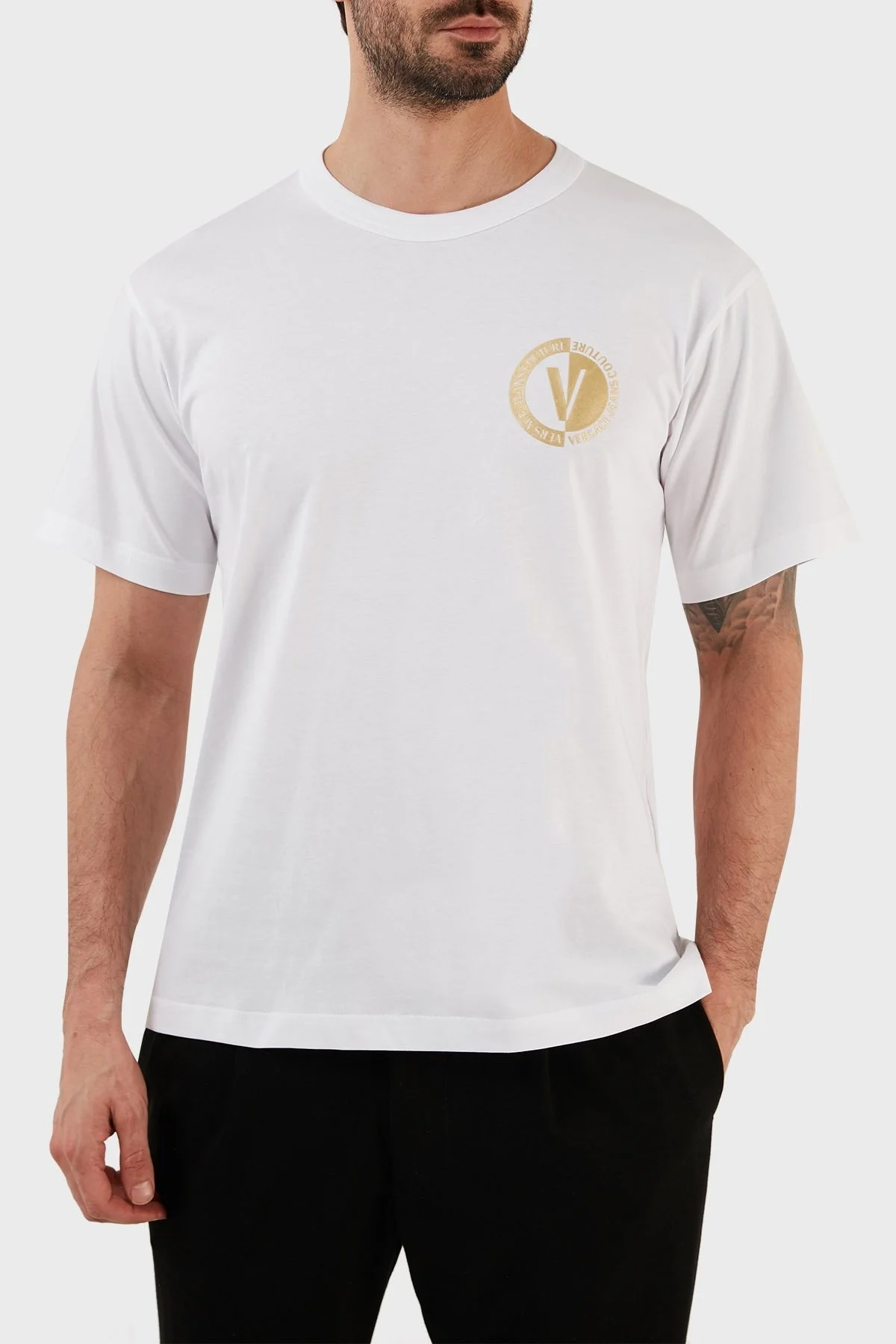 Versace Jeans Couture % 100 Pamuk Regular Fit Bisiklet Yaka Erkek T Shirt 74GAHT10 CJ00T G03 BEYAZ - 6