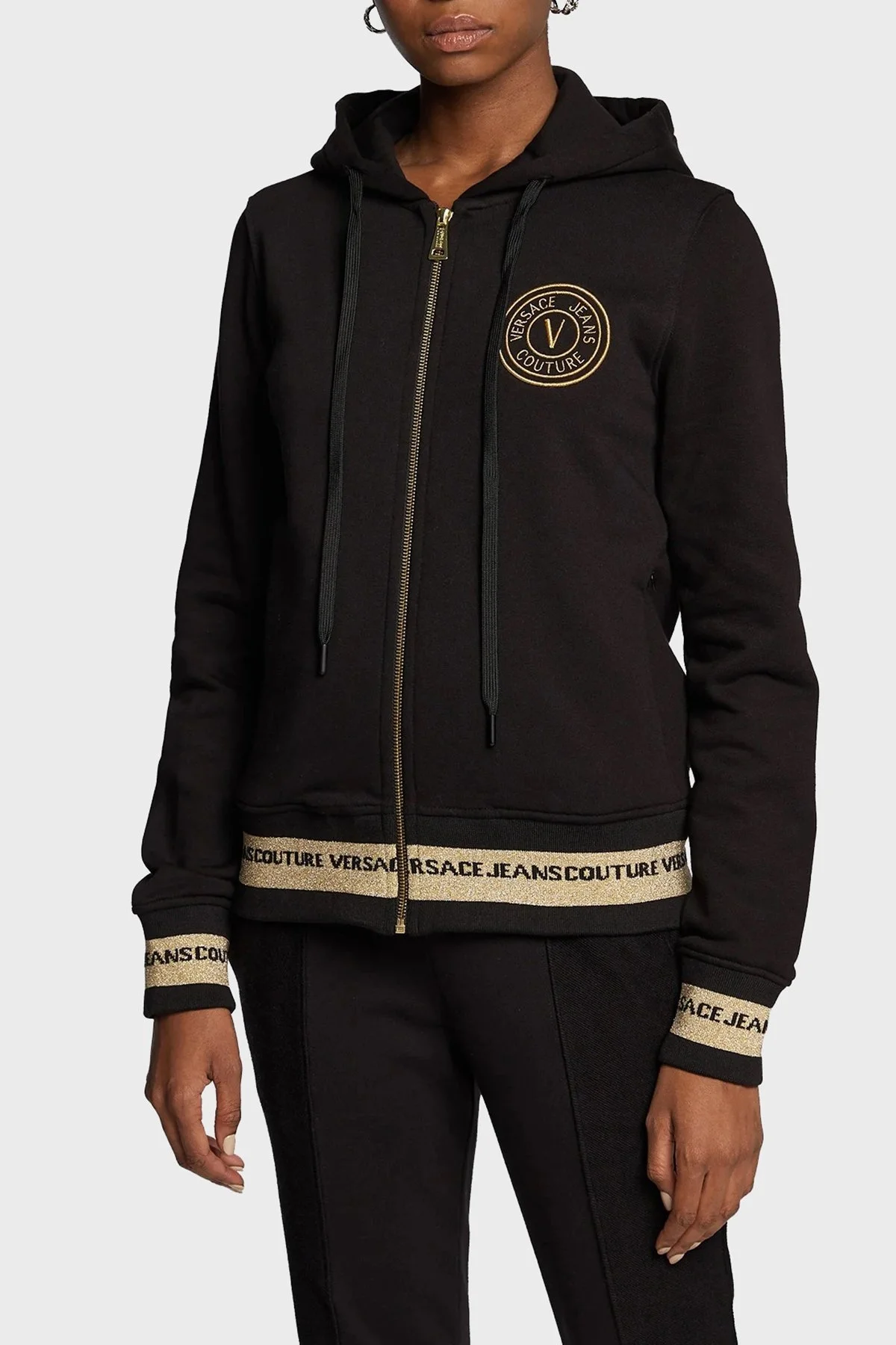 Versace % 100 Pamuk Regular Fit Fermuarlı Kapüşonlu Bayan Sweat 73HAIT07 CF00T G89 SİYAH - 1