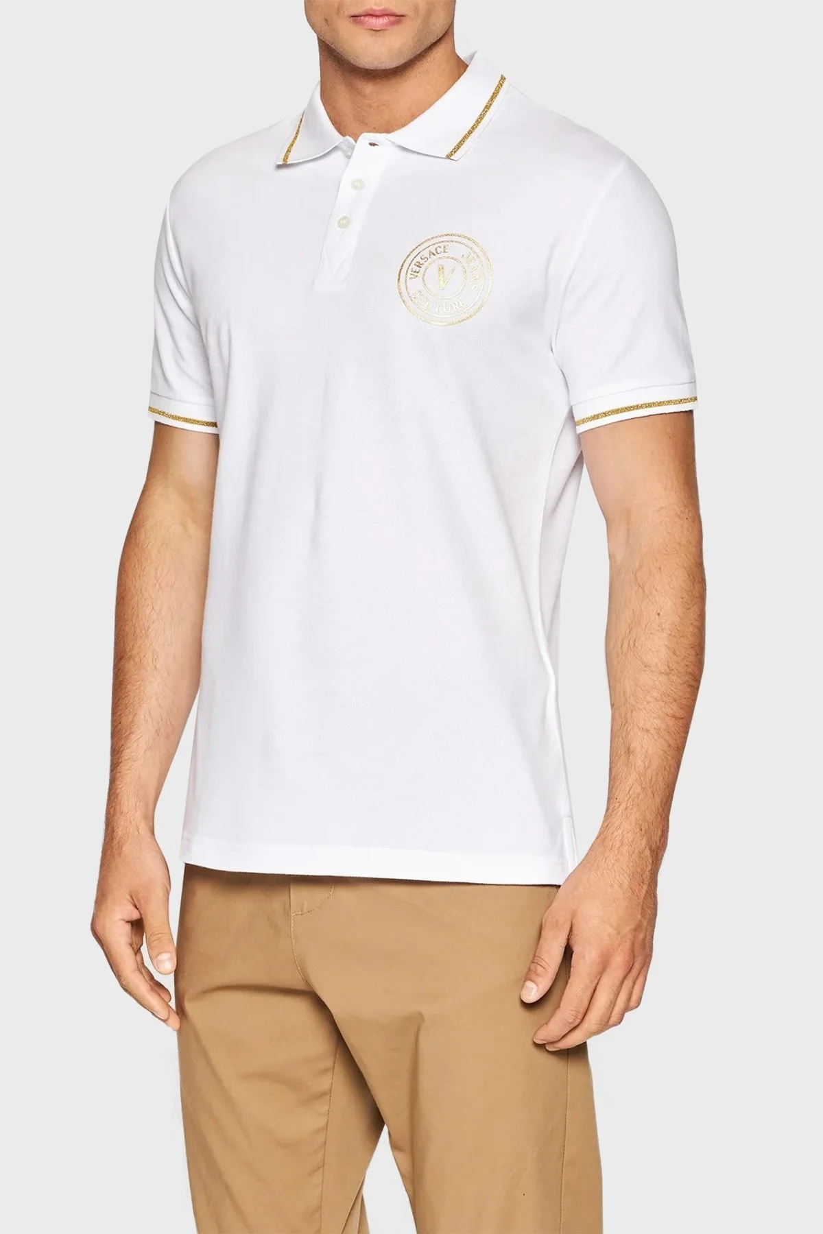 Versace % 100 Pamuk Slim Fit Düğmeli Erkek Polo T Shirt 73GAGT01 CJ01T G03 BEYAZ - 1