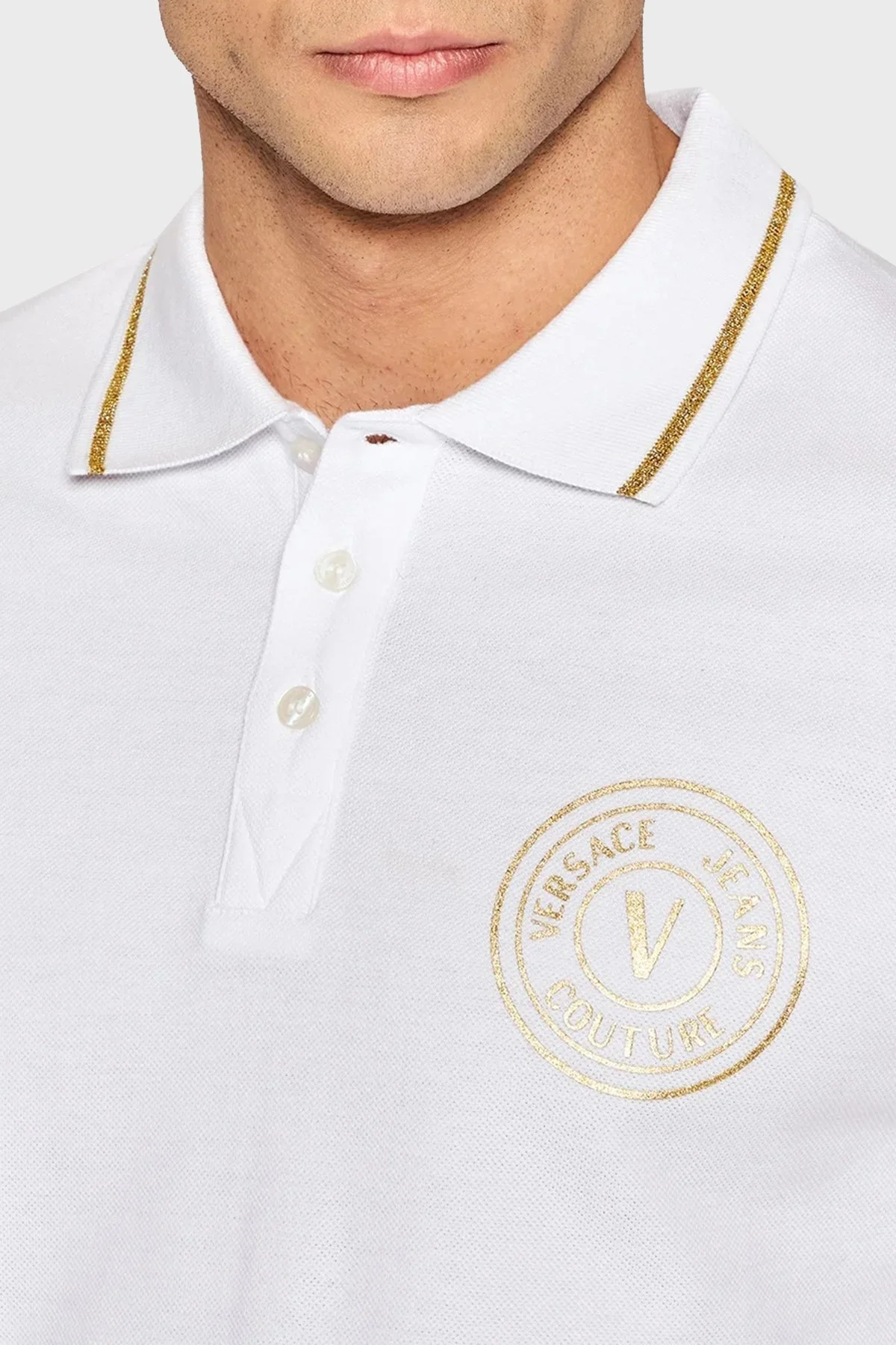 Versace % 100 Pamuk Slim Fit Düğmeli Erkek Polo T Shirt 73GAGT01 CJ01T G03 BEYAZ - 4