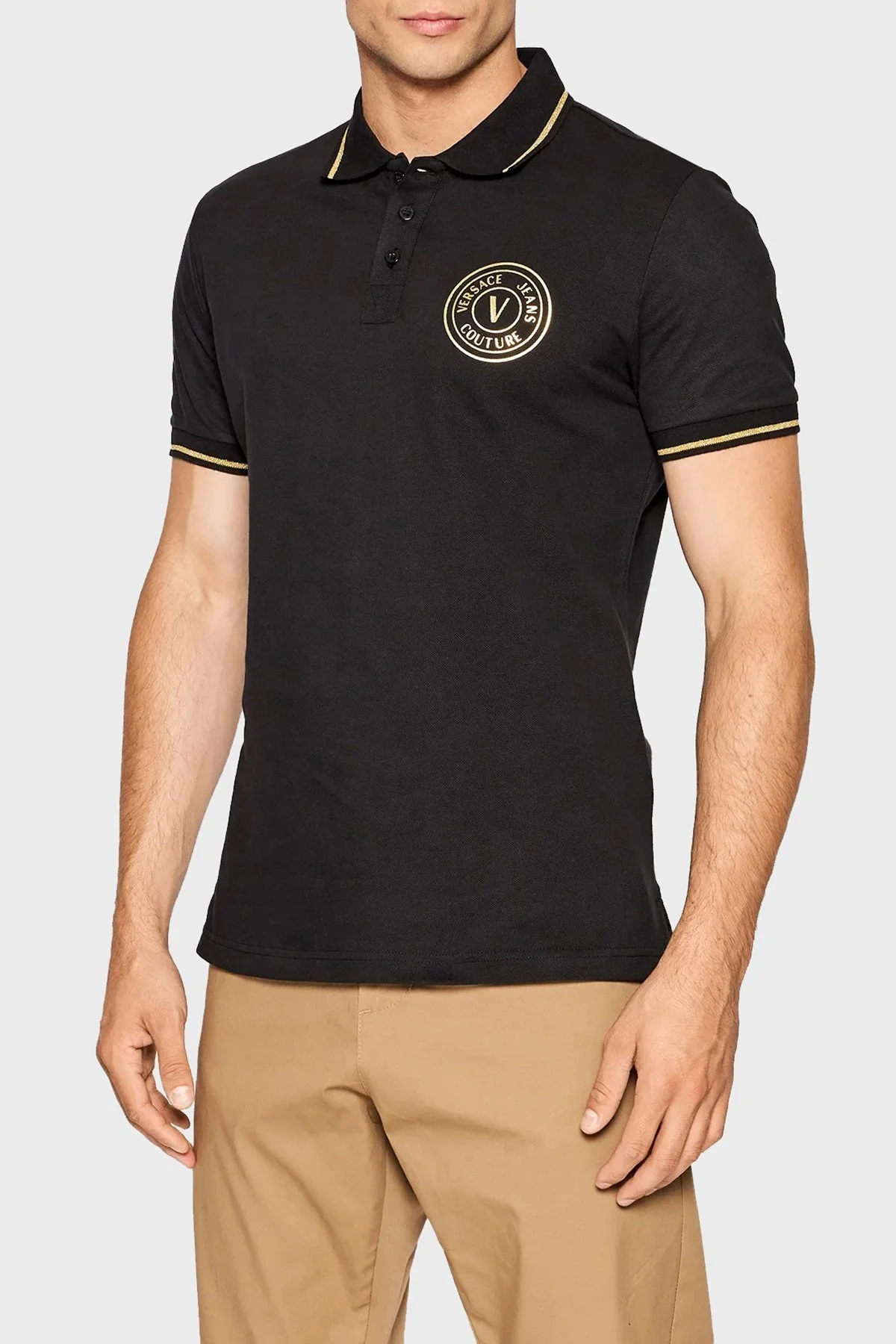 Versace % 100 Pamuk Slim Fit Düğmeli Erkek Polo T Shirt 73GAGT01 CJ01T G89 SİYAH - 1