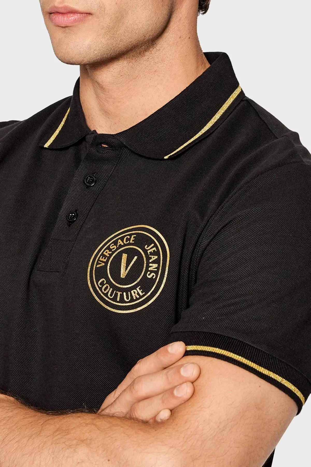 Versace % 100 Pamuk Slim Fit Düğmeli Erkek Polo T Shirt 73GAGT01 CJ01T G89 SİYAH - 3